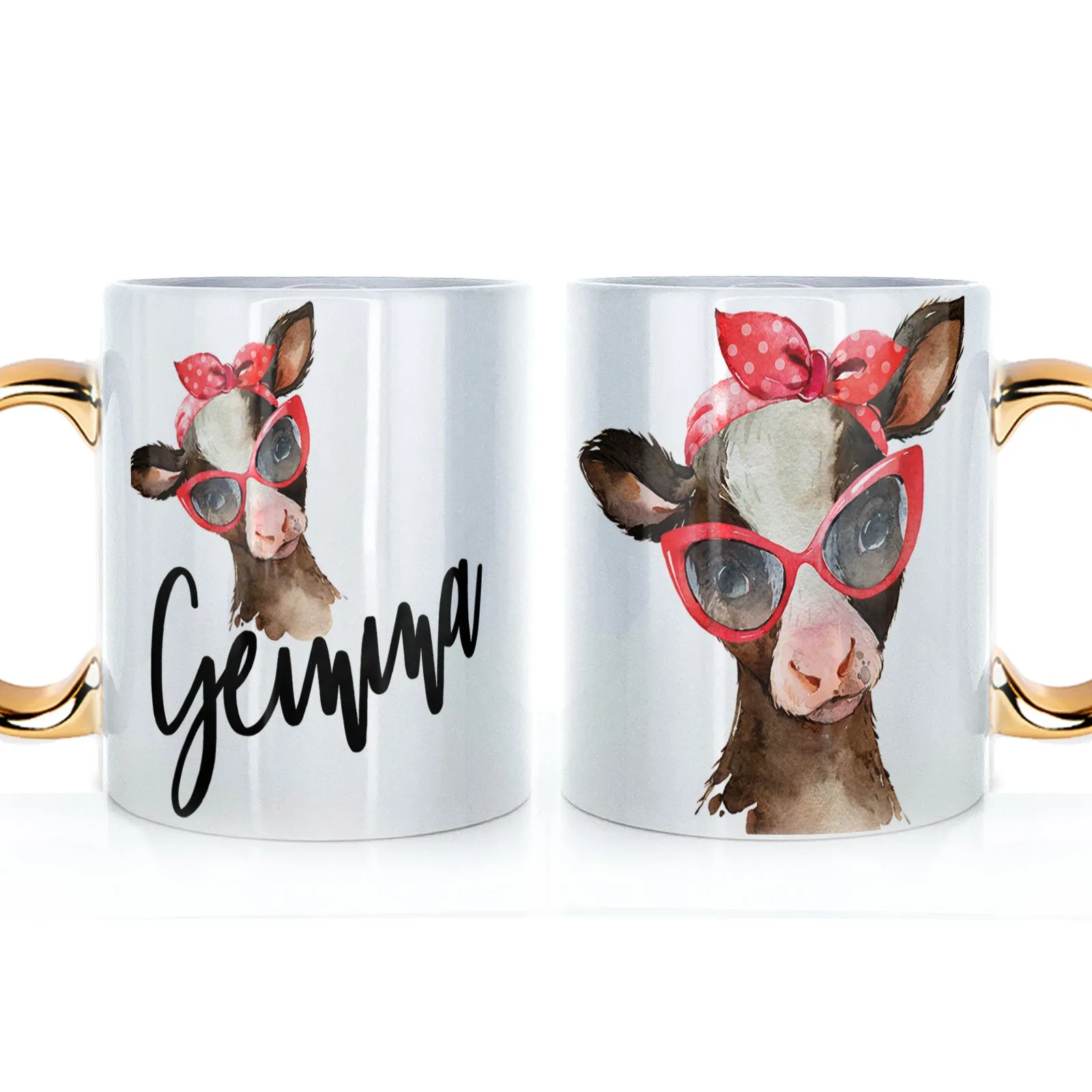 Personalised Mug with Stylish Text and Red Accessory Brown Cow