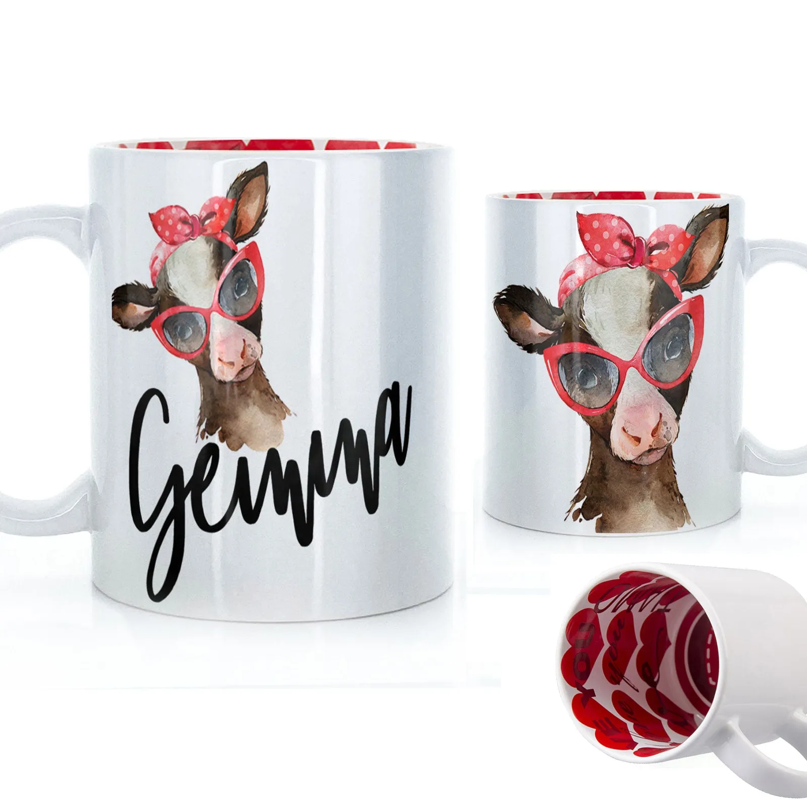 Personalised Mug with Stylish Text and Red Accessory Brown Cow