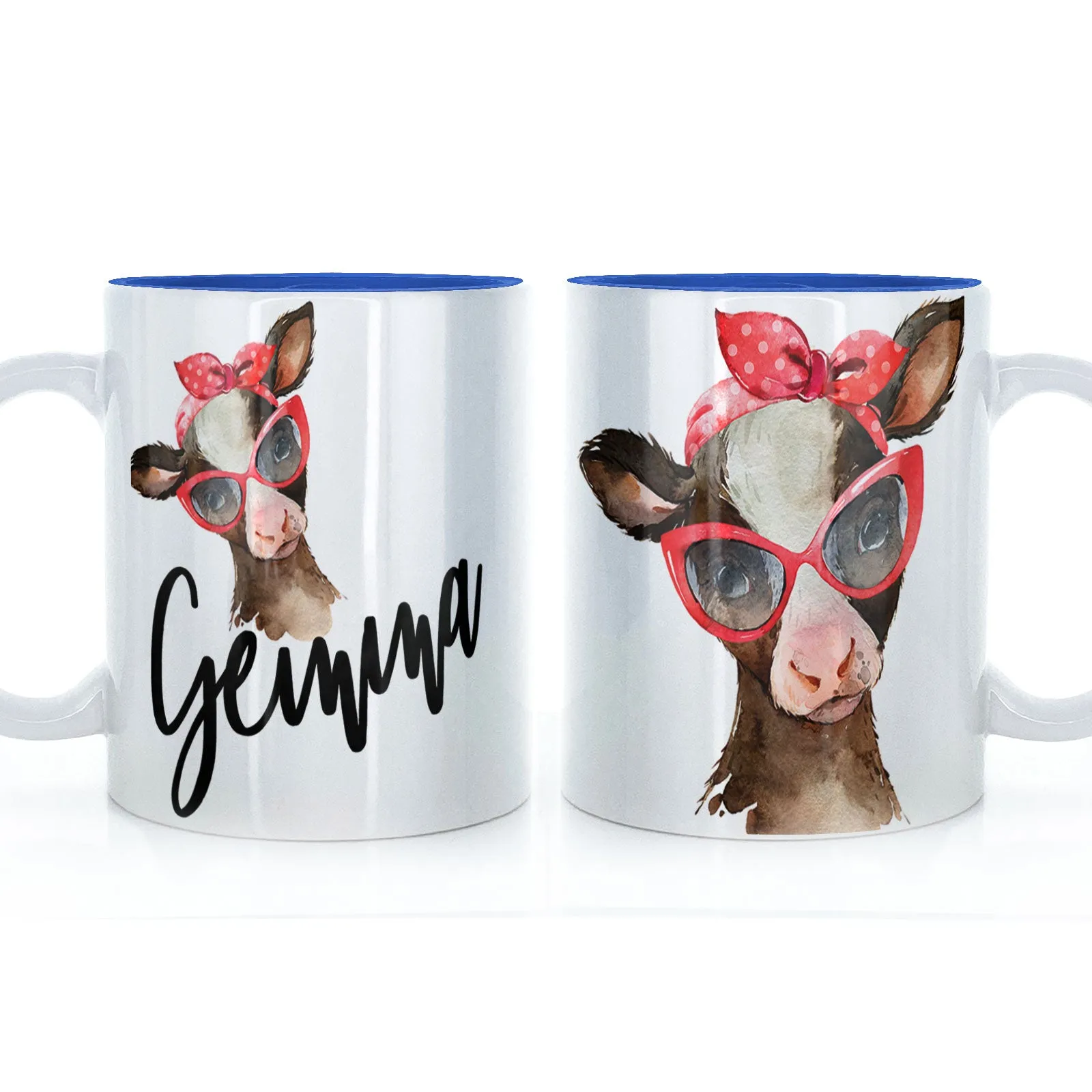Personalised Mug with Stylish Text and Red Accessory Brown Cow