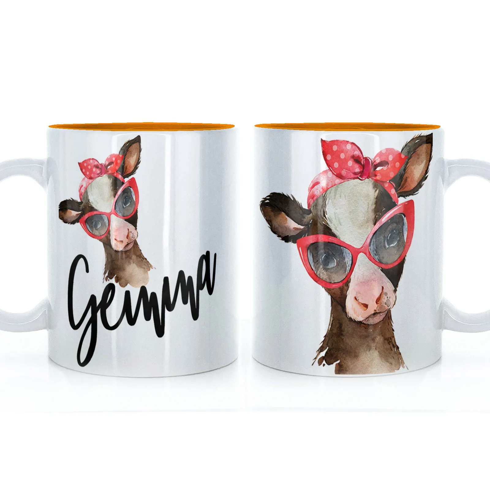 Personalised Mug with Stylish Text and Red Accessory Brown Cow