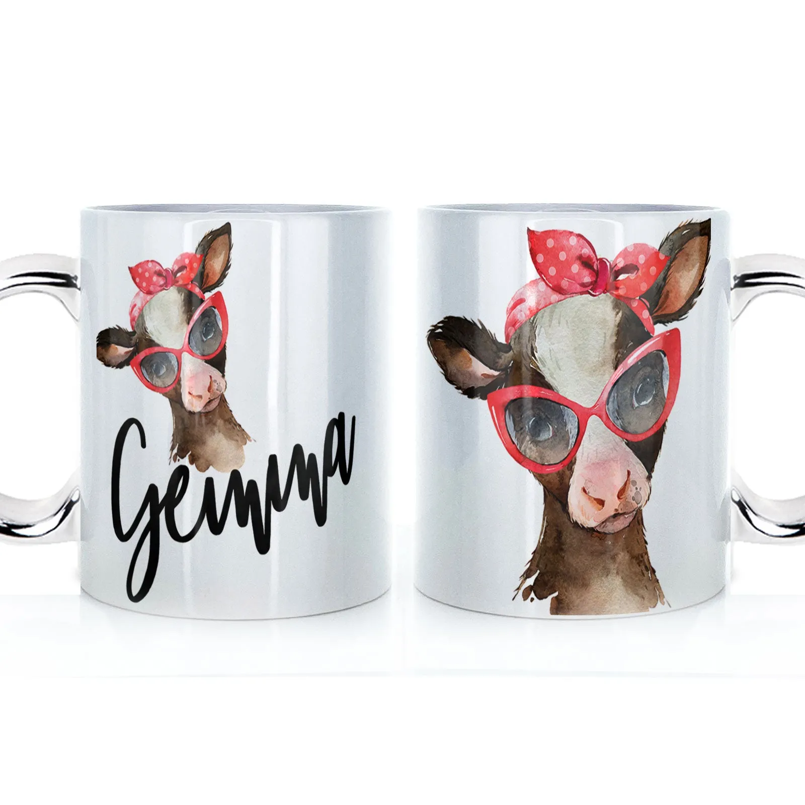 Personalised Mug with Stylish Text and Red Accessory Brown Cow