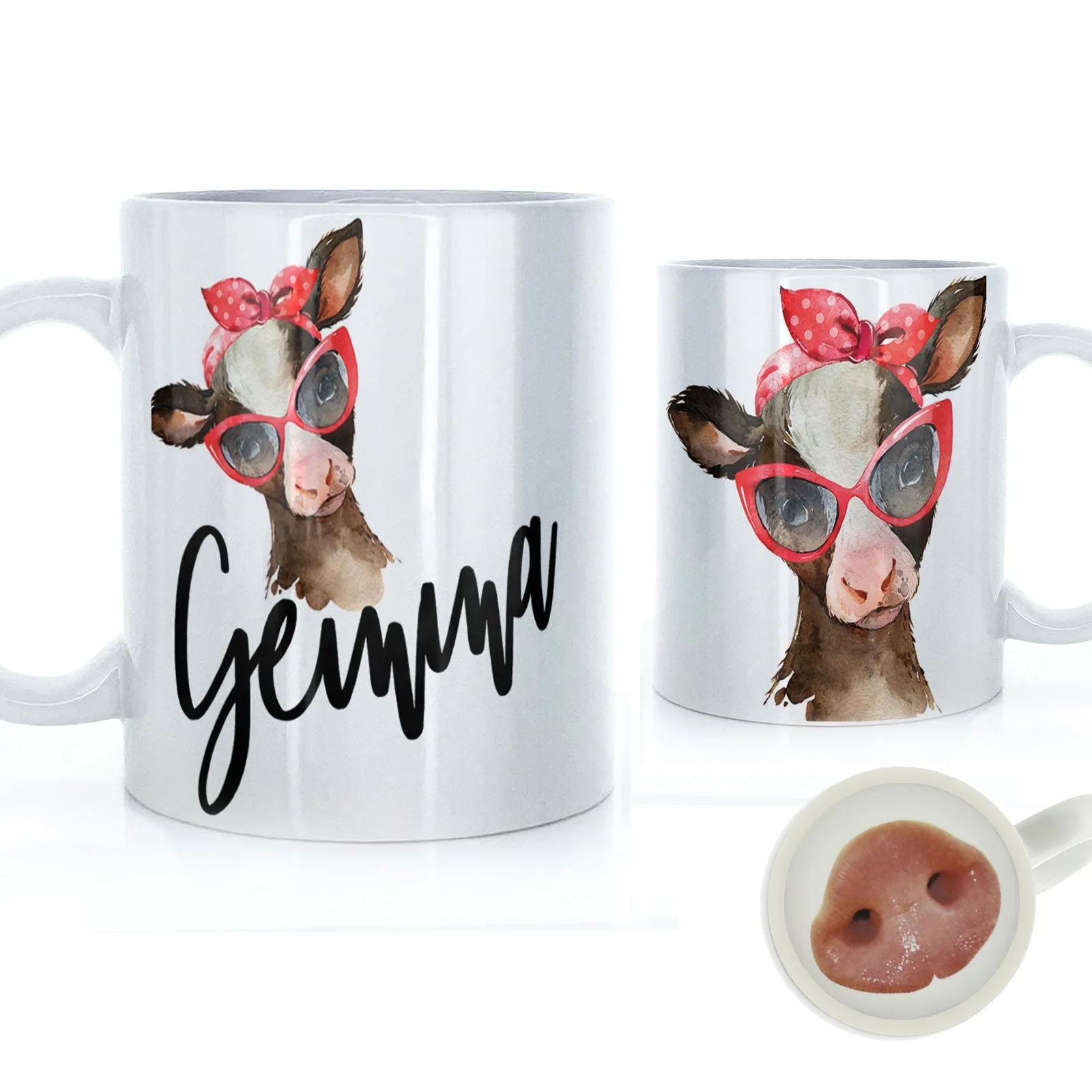 Personalised Mug with Stylish Text and Red Accessory Brown Cow