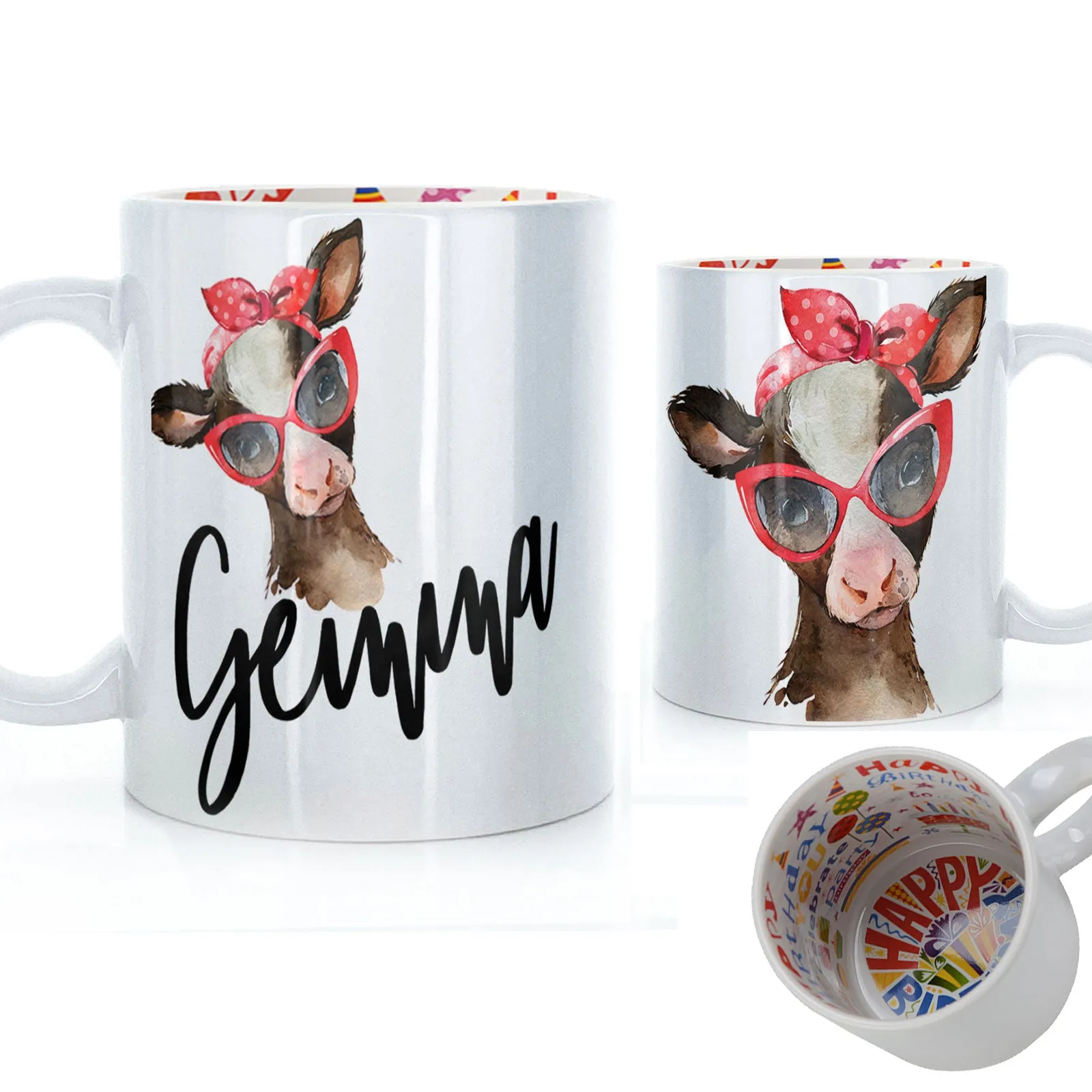 Personalised Mug with Stylish Text and Red Accessory Brown Cow