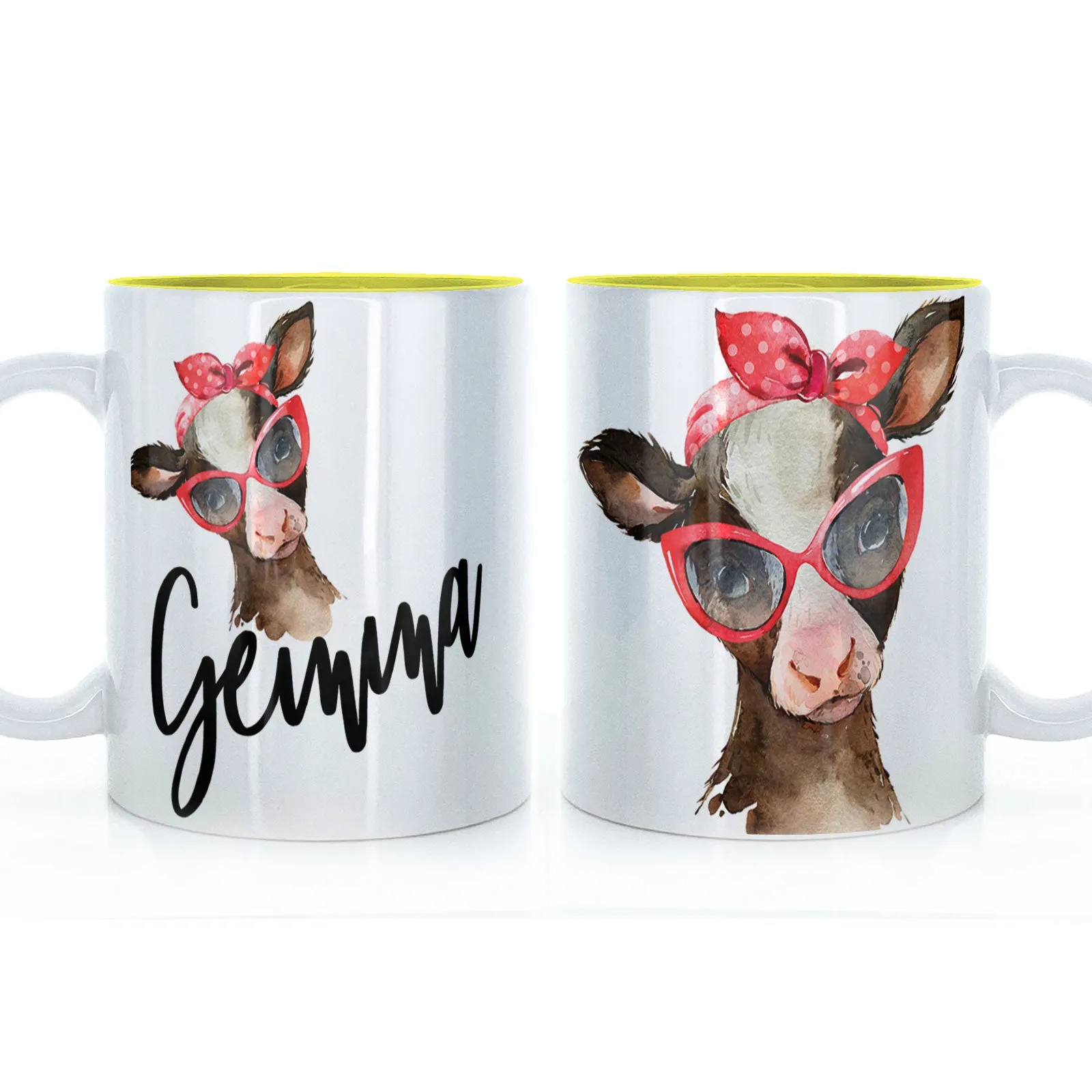 Personalised Mug with Stylish Text and Red Accessory Brown Cow