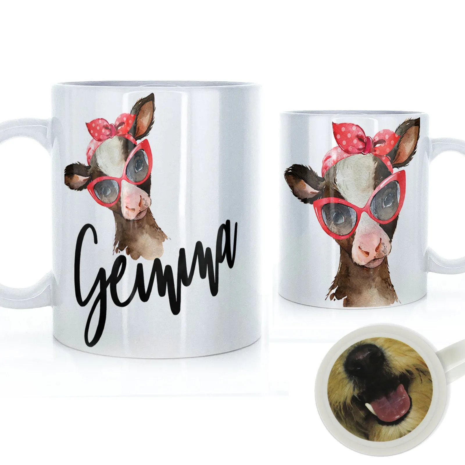 Personalised Mug with Stylish Text and Red Accessory Brown Cow