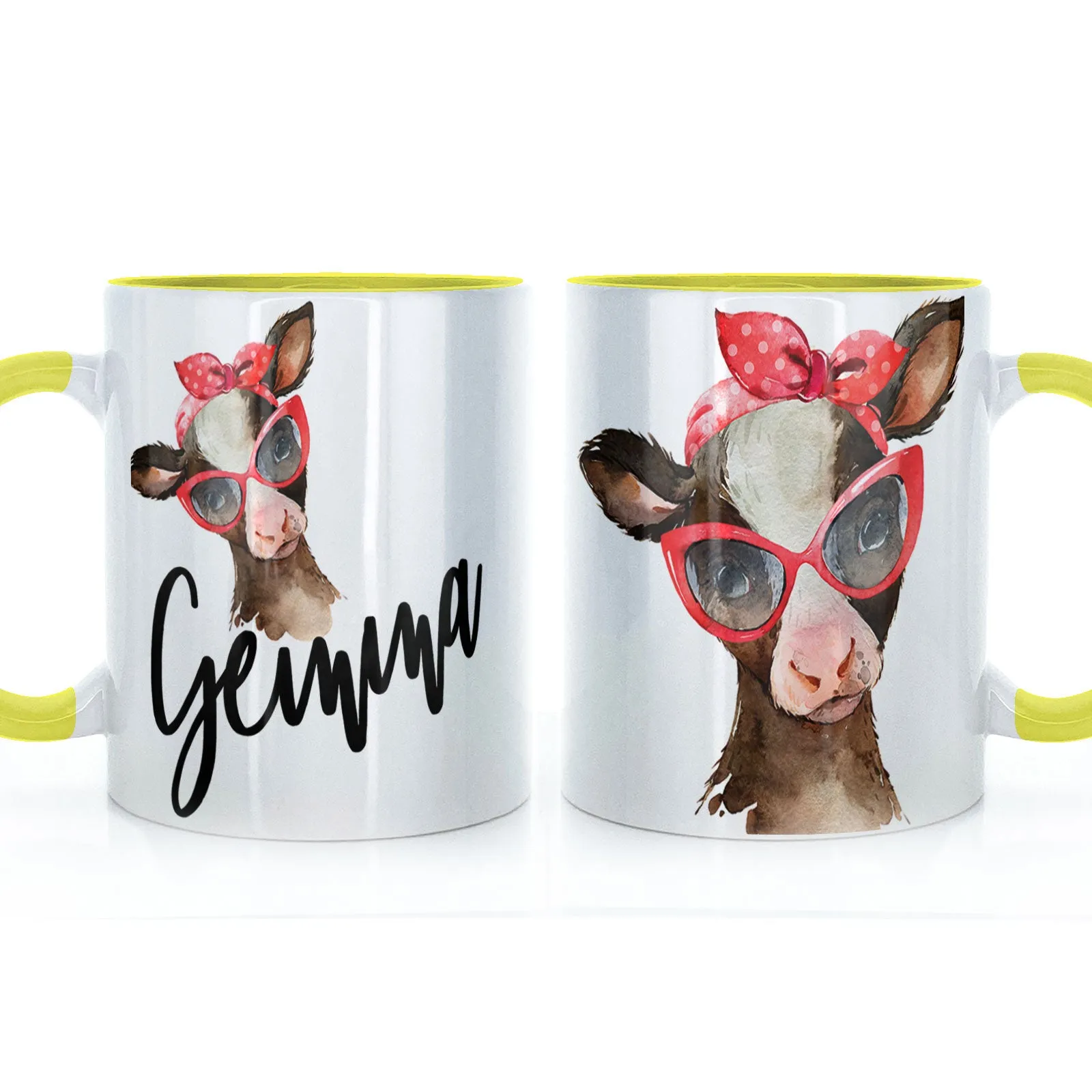 Personalised Mug with Stylish Text and Red Accessory Brown Cow