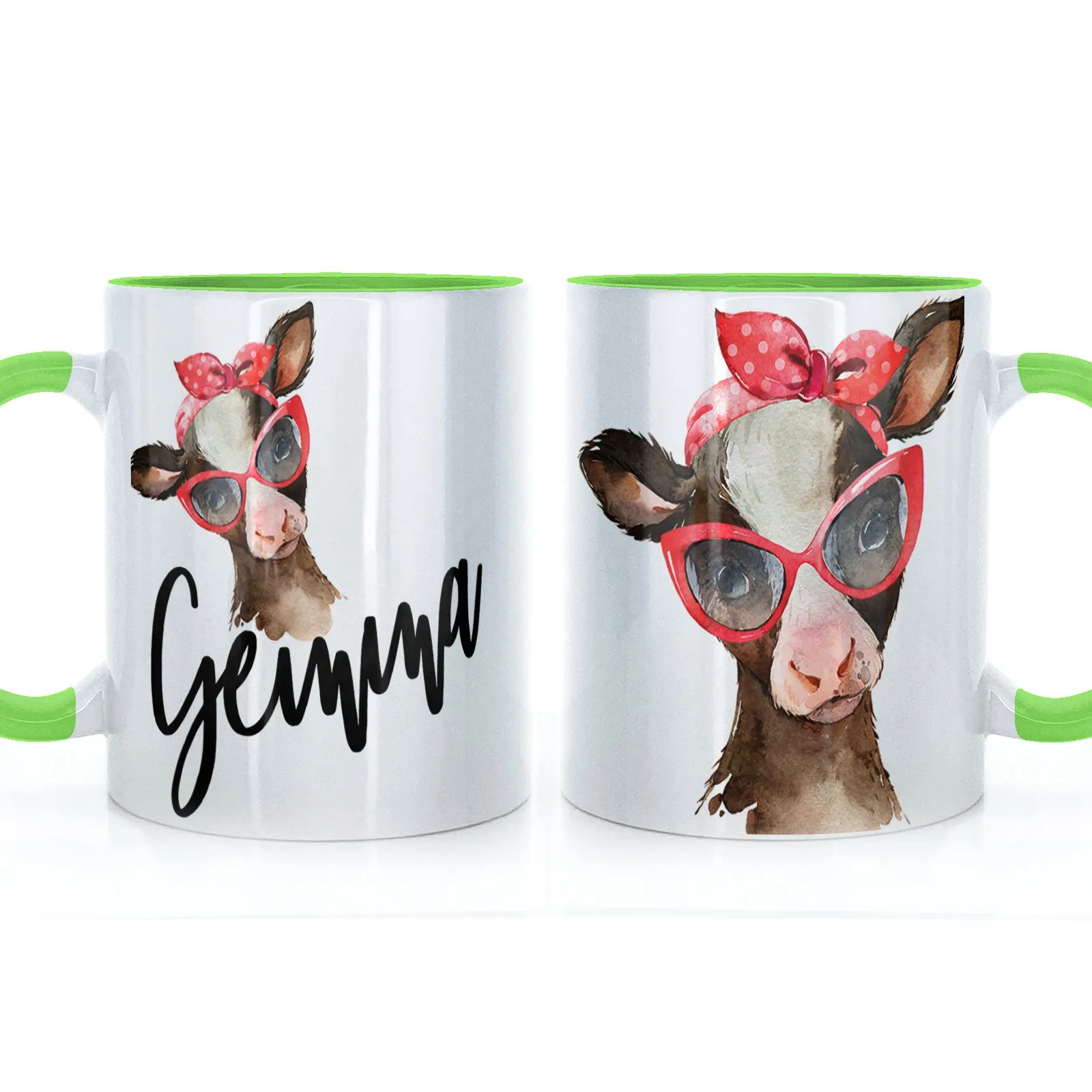 Personalised Mug with Stylish Text and Red Accessory Brown Cow