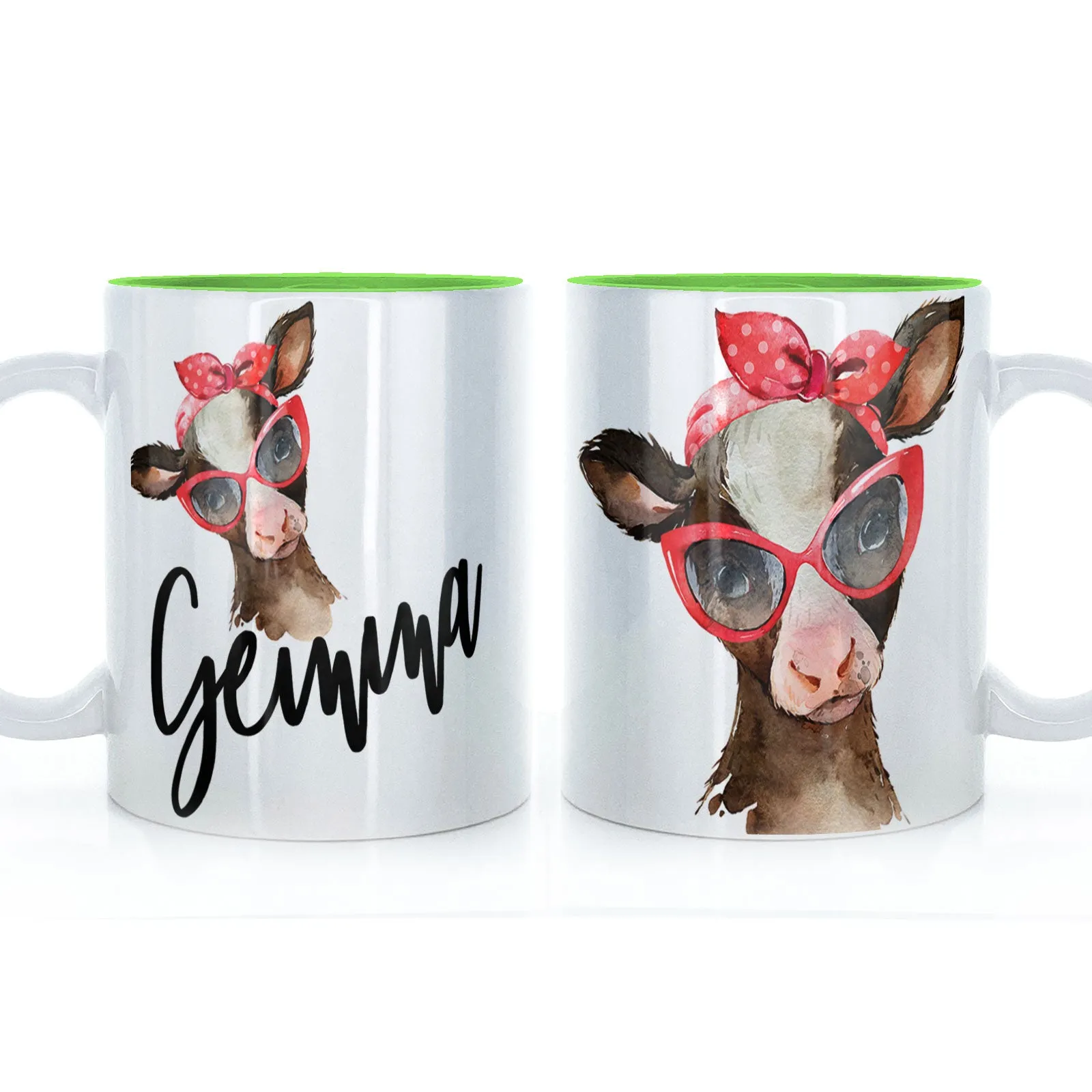 Personalised Mug with Stylish Text and Red Accessory Brown Cow
