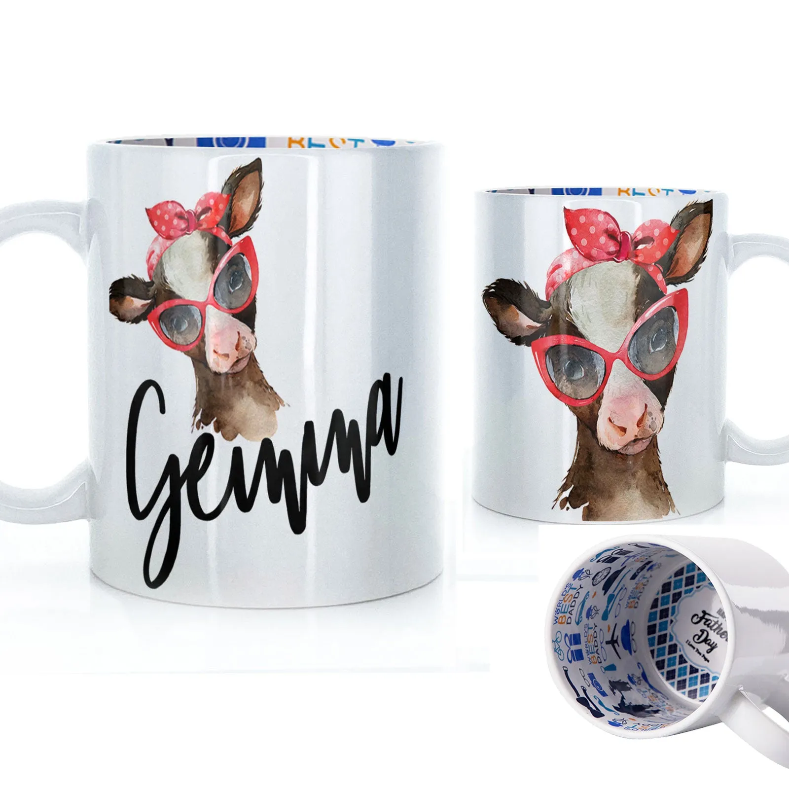 Personalised Mug with Stylish Text and Red Accessory Brown Cow