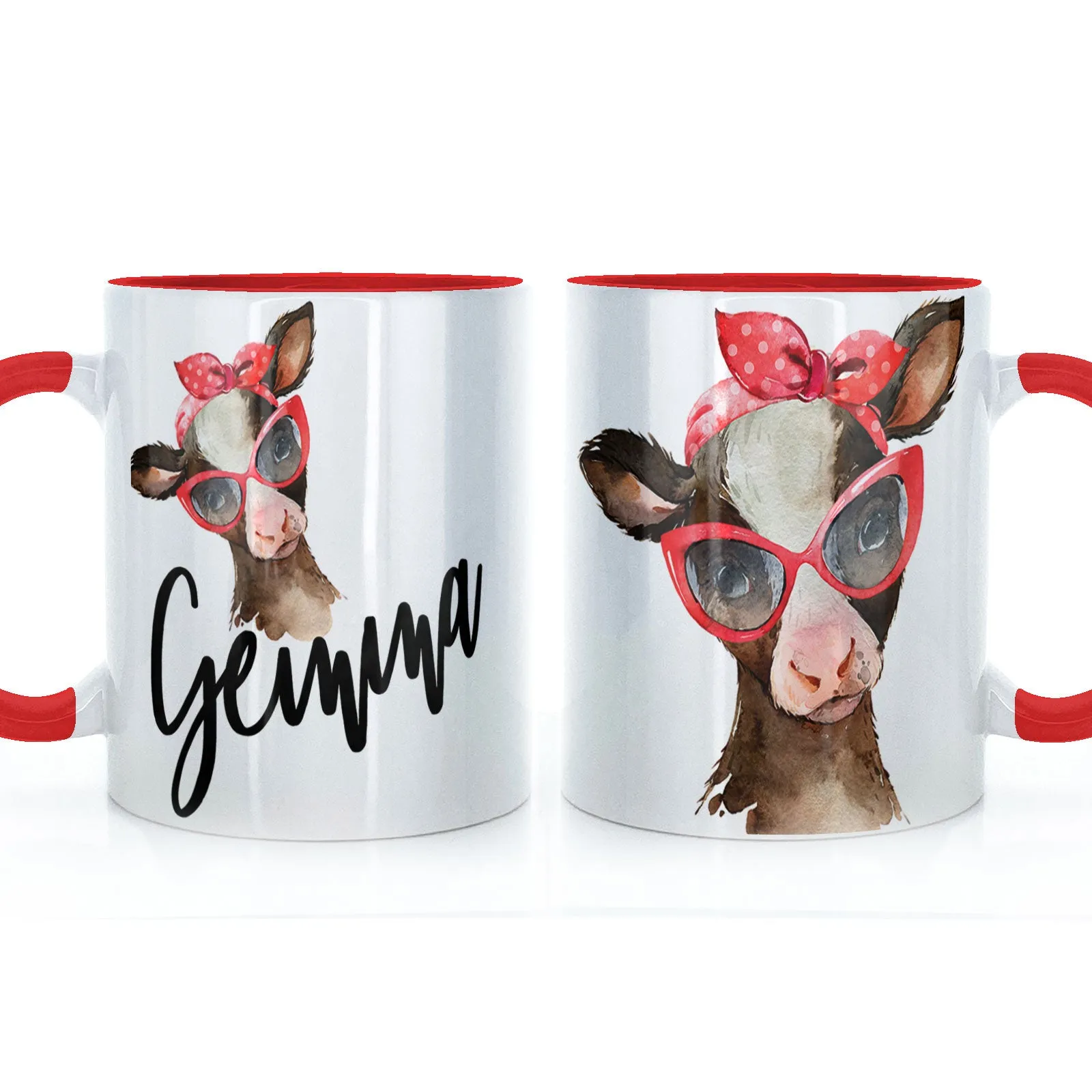 Personalised Mug with Stylish Text and Red Accessory Brown Cow