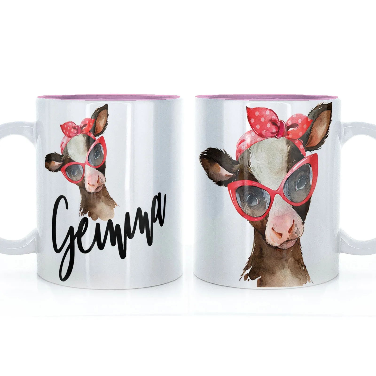 Personalised Mug with Stylish Text and Red Accessory Brown Cow