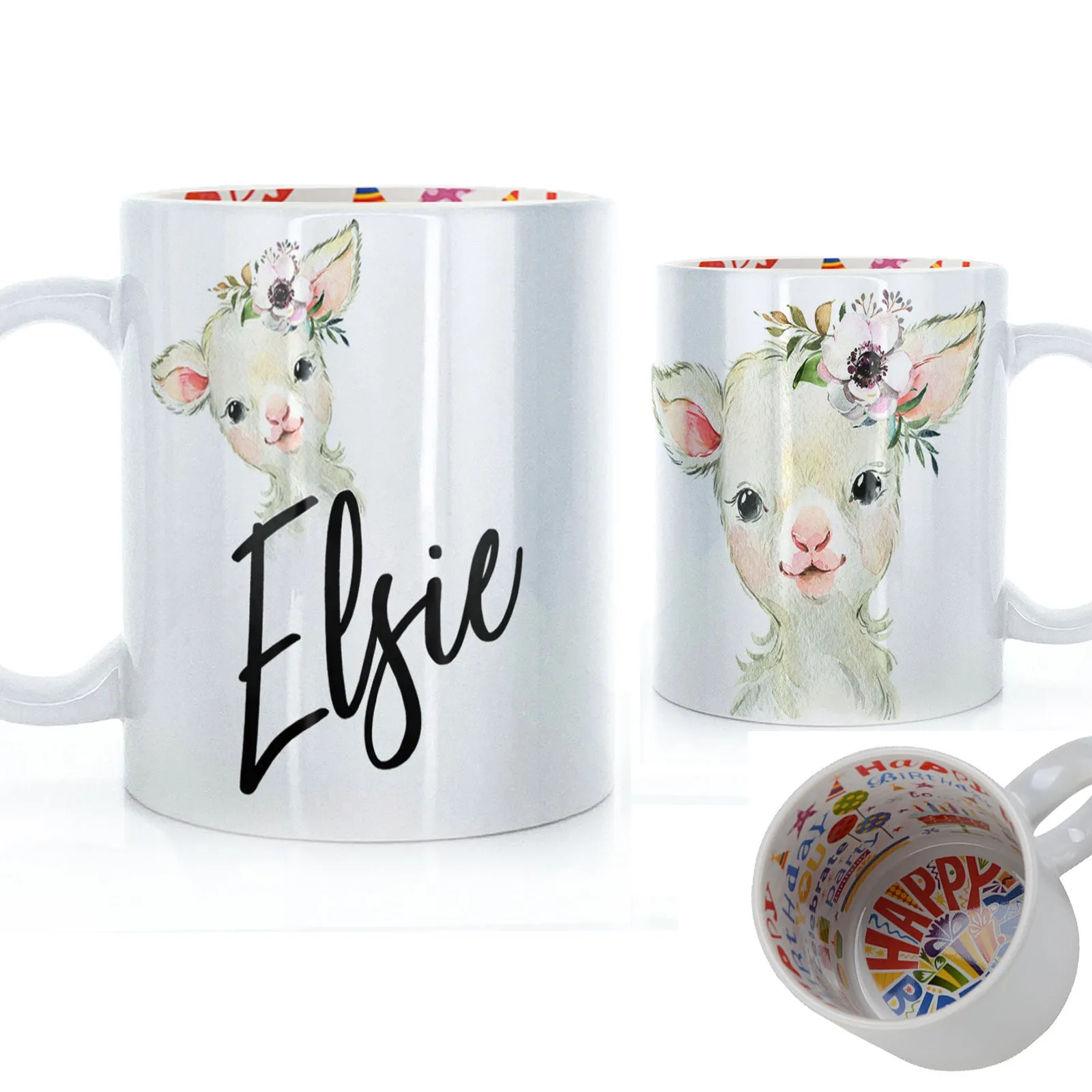 Personalised Mug with Stylish Text and White Flower Lamb