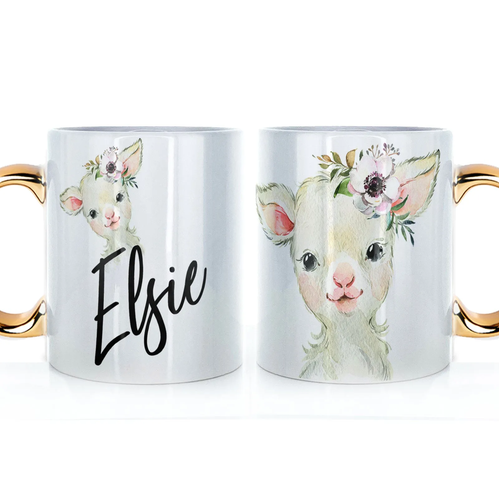 Personalised Mug with Stylish Text and White Flower Lamb
