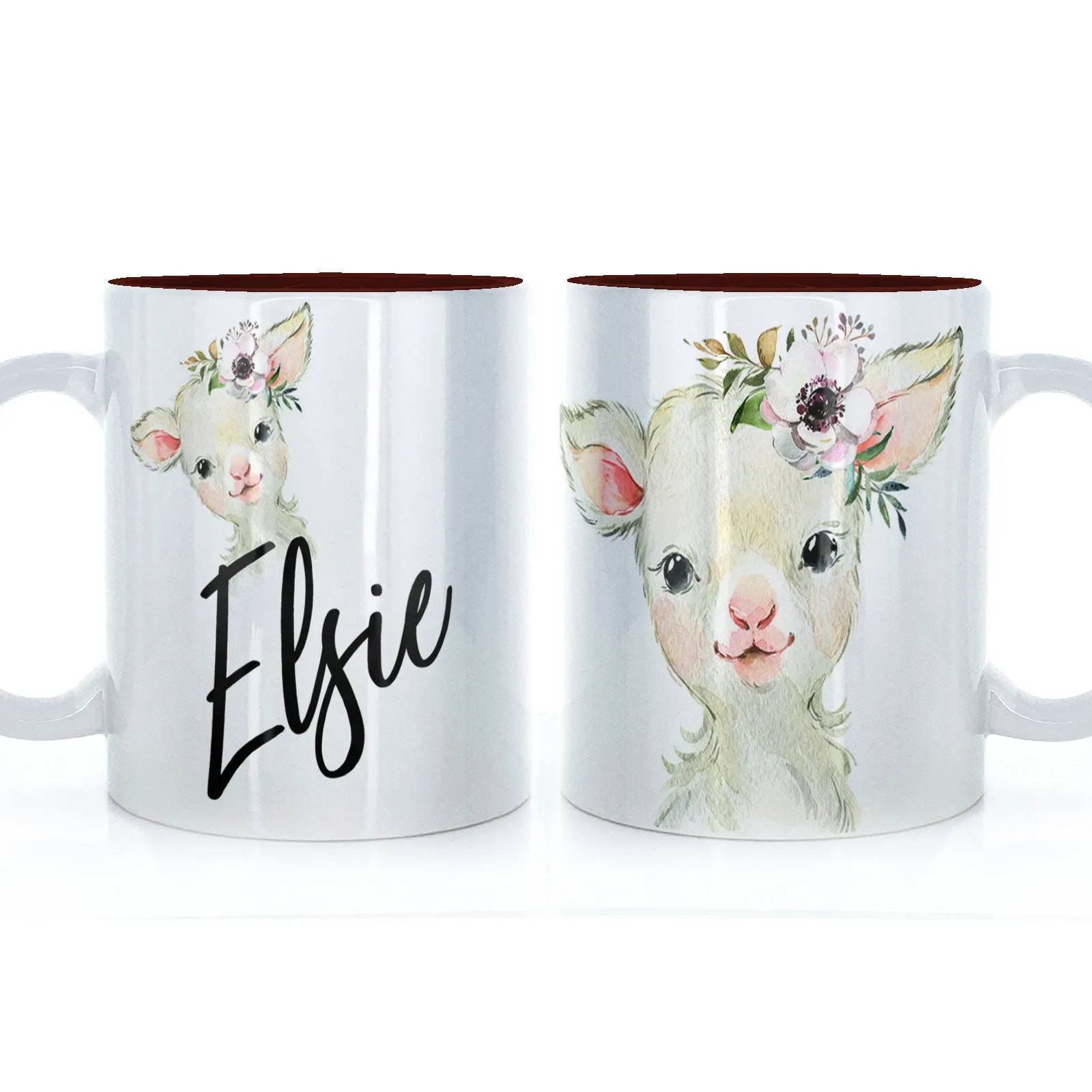 Personalised Mug with Stylish Text and White Flower Lamb