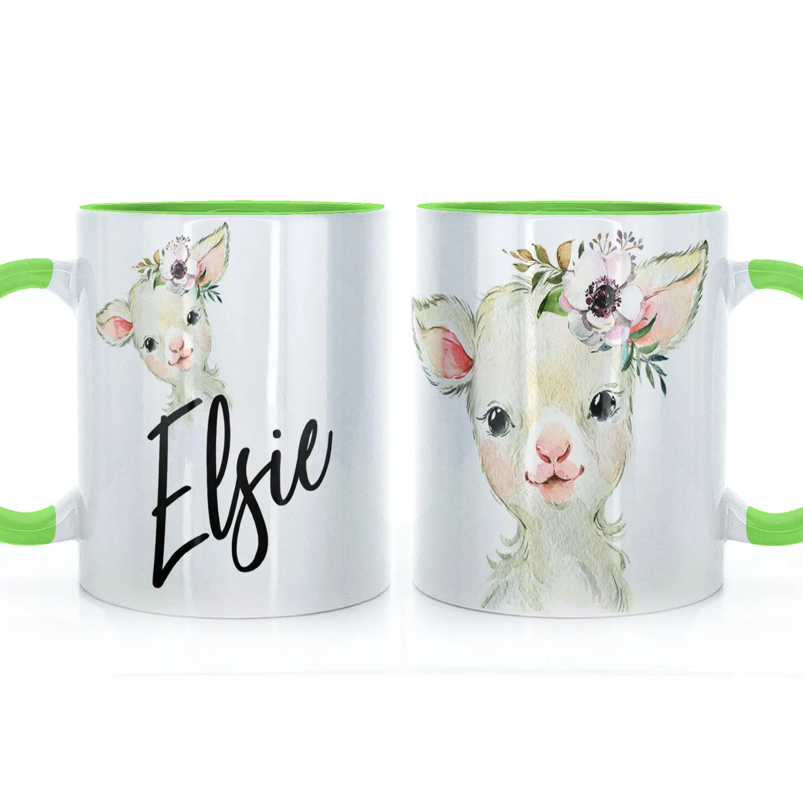 Personalised Mug with Stylish Text and White Flower Lamb