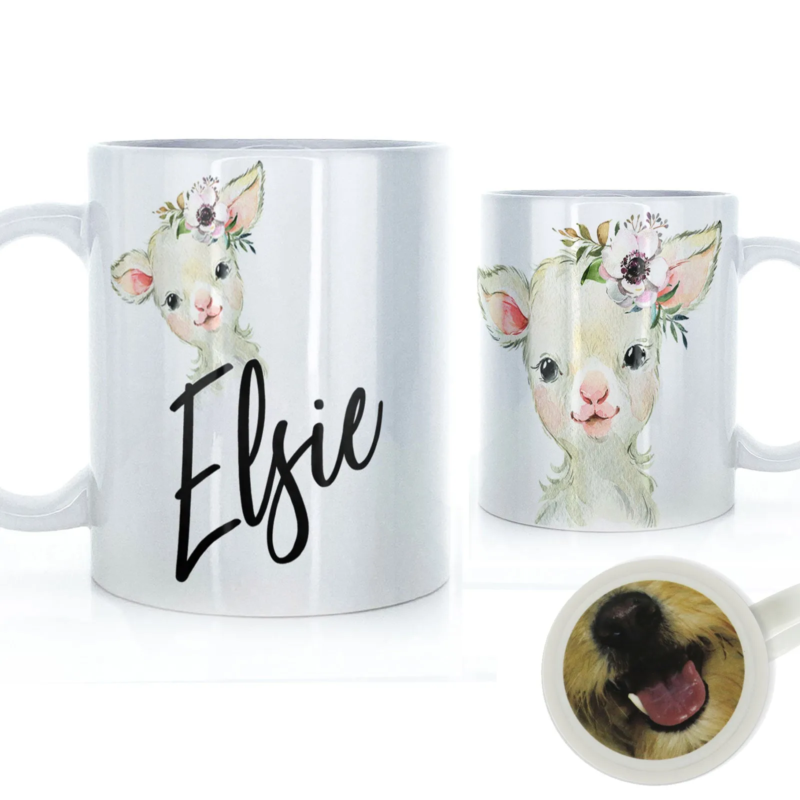 Personalised Mug with Stylish Text and White Flower Lamb