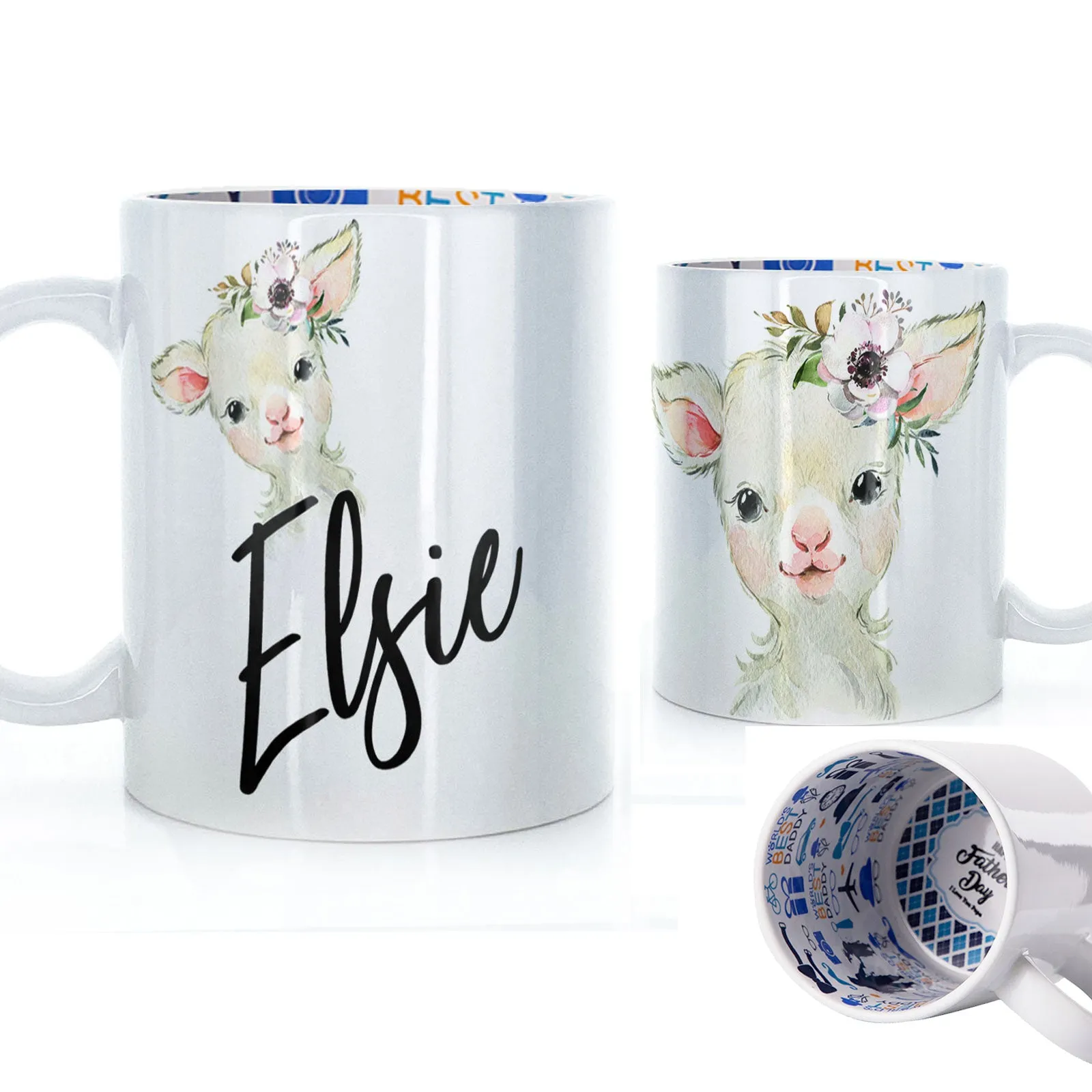 Personalised Mug with Stylish Text and White Flower Lamb
