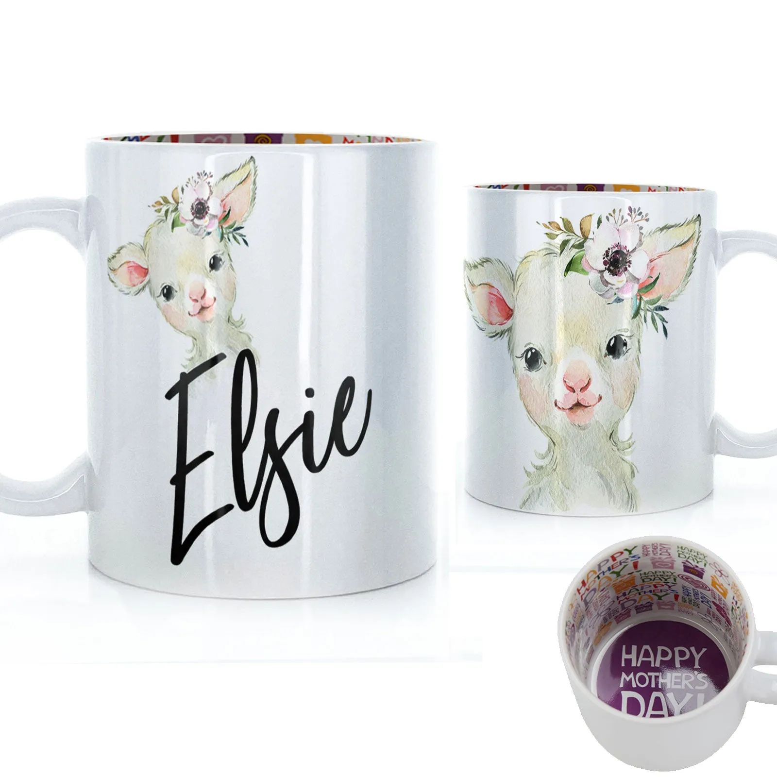 Personalised Mug with Stylish Text and White Flower Lamb