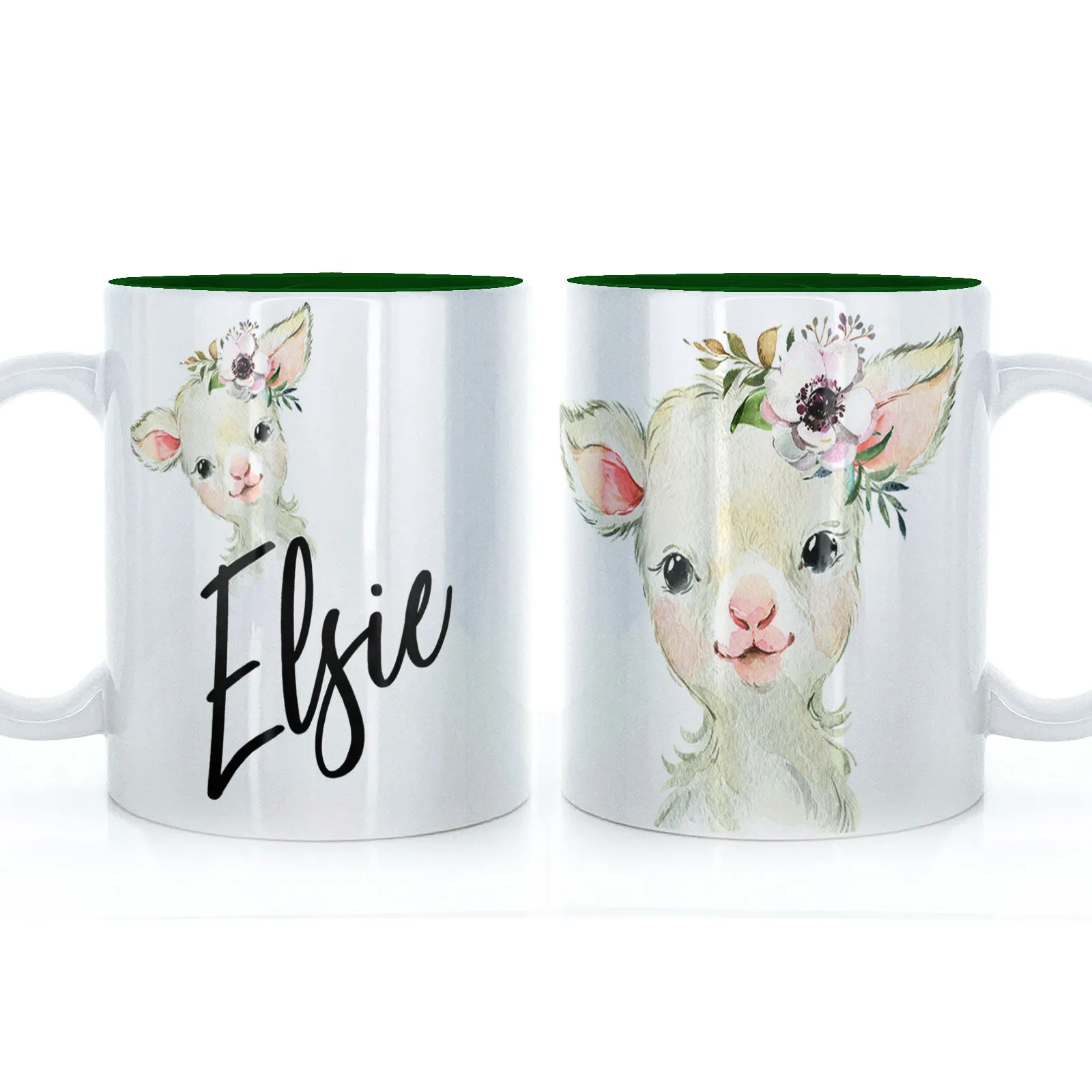 Personalised Mug with Stylish Text and White Flower Lamb