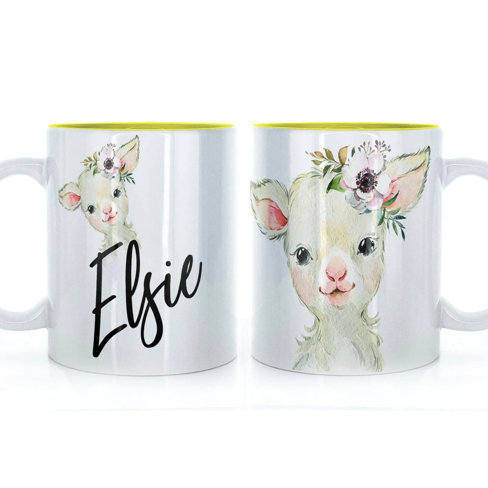 Personalised Mug with Stylish Text and White Flower Lamb