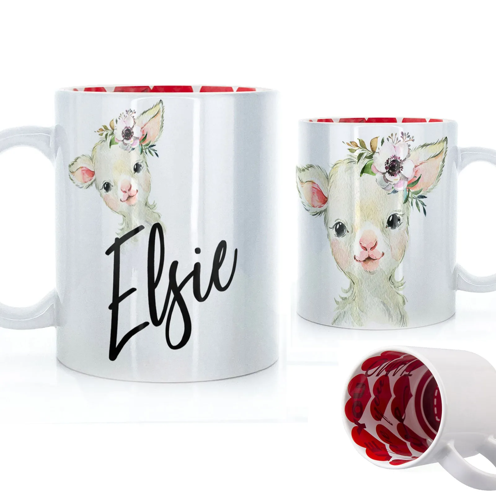 Personalised Mug with Stylish Text and White Flower Lamb