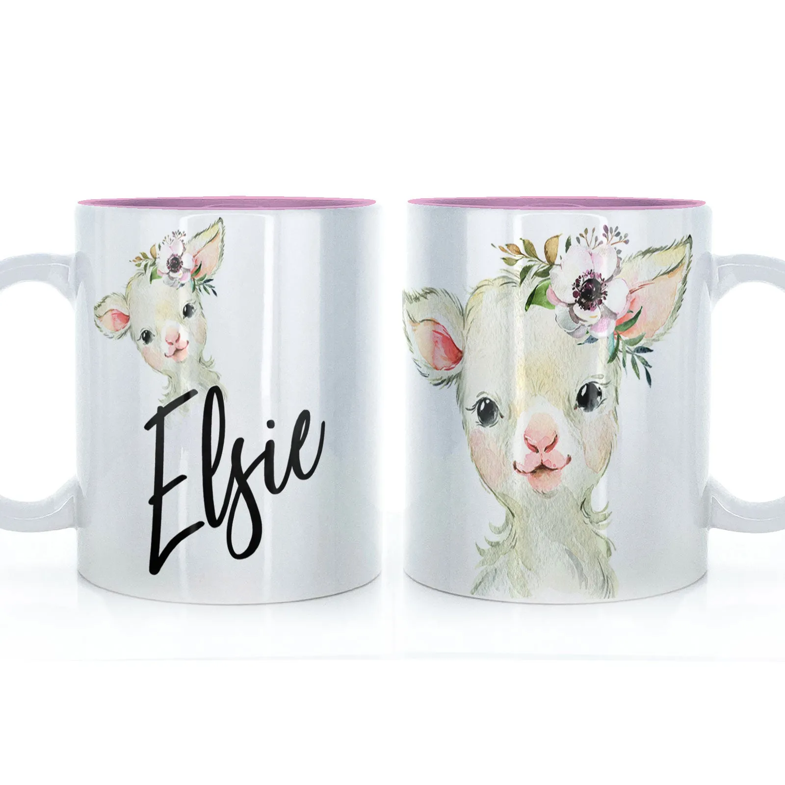 Personalised Mug with Stylish Text and White Flower Lamb