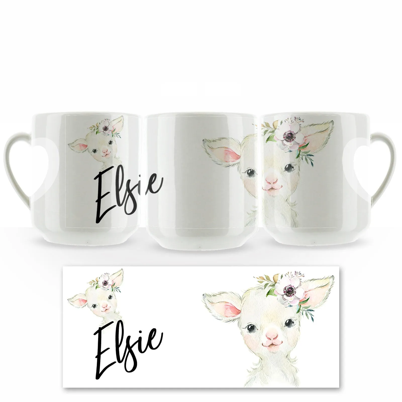 Personalised Mug with Stylish Text and White Flower Lamb