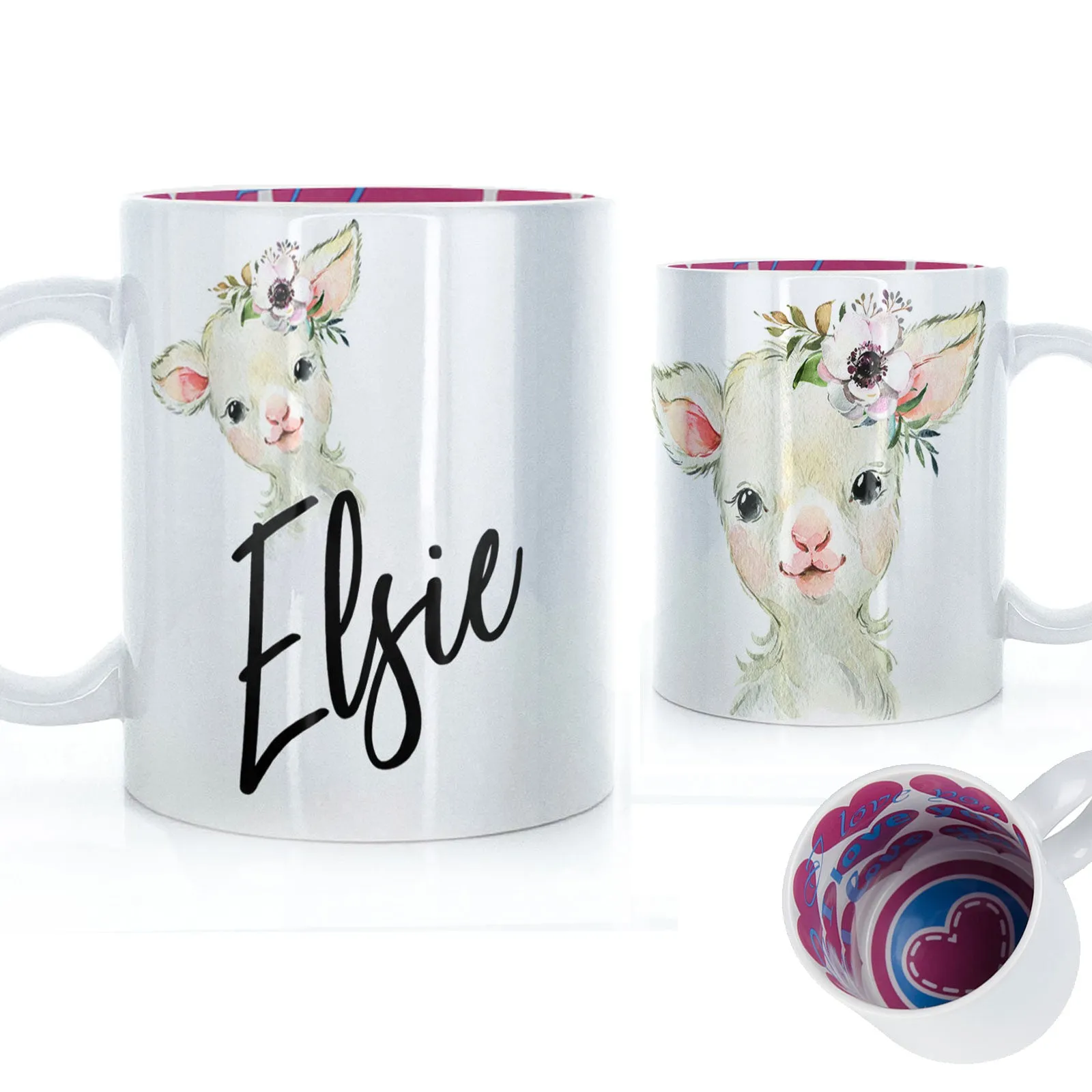 Personalised Mug with Stylish Text and White Flower Lamb
