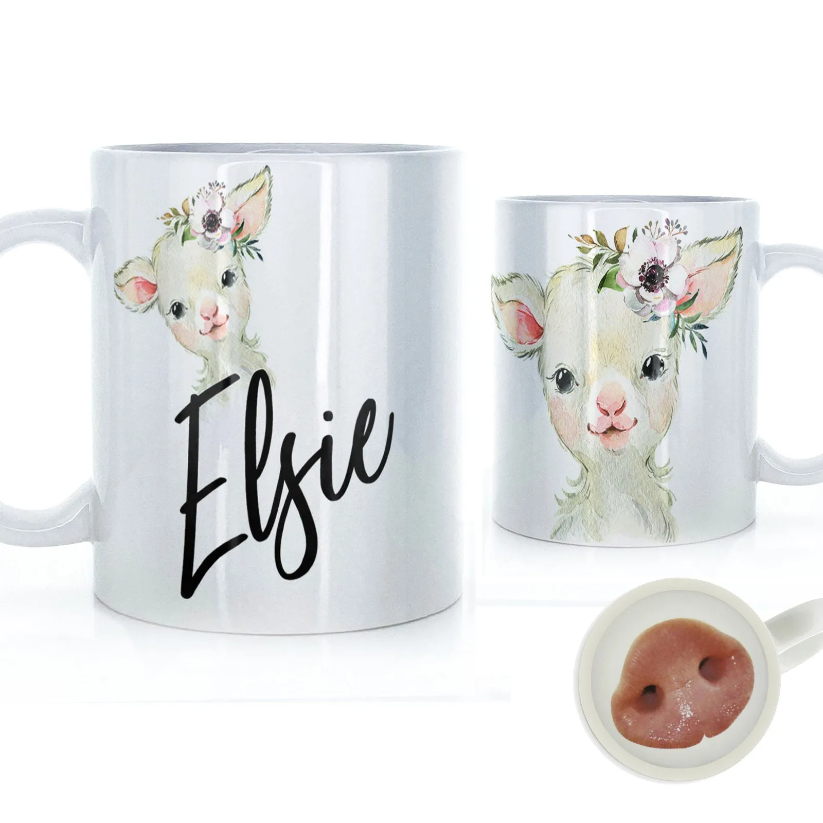 Personalised Mug with Stylish Text and White Flower Lamb