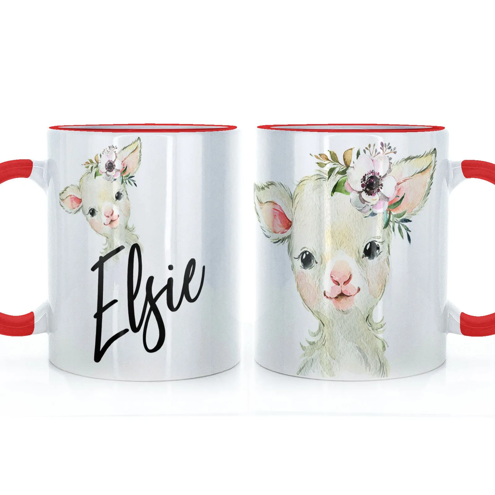 Personalised Mug with Stylish Text and White Flower Lamb