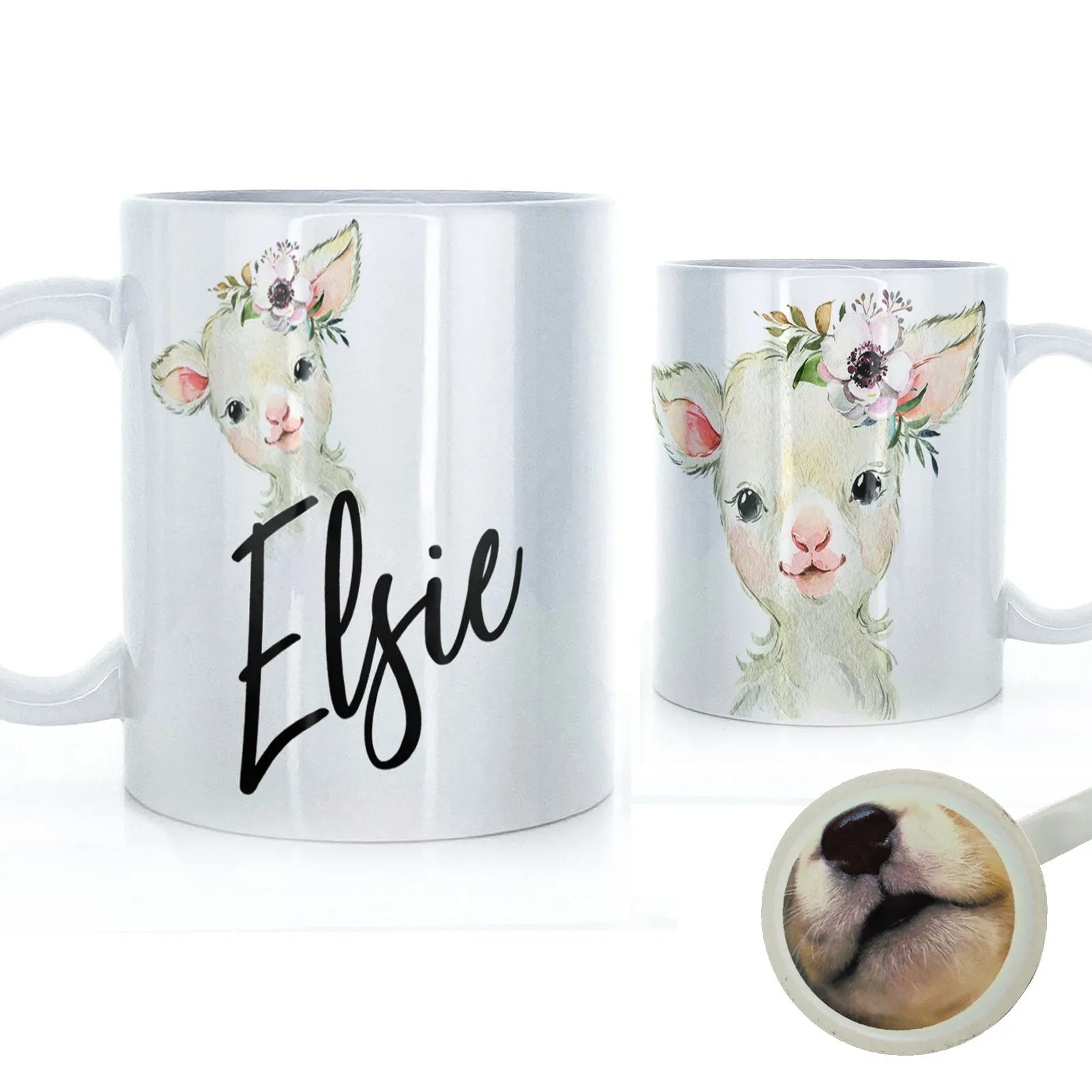 Personalised Mug with Stylish Text and White Flower Lamb