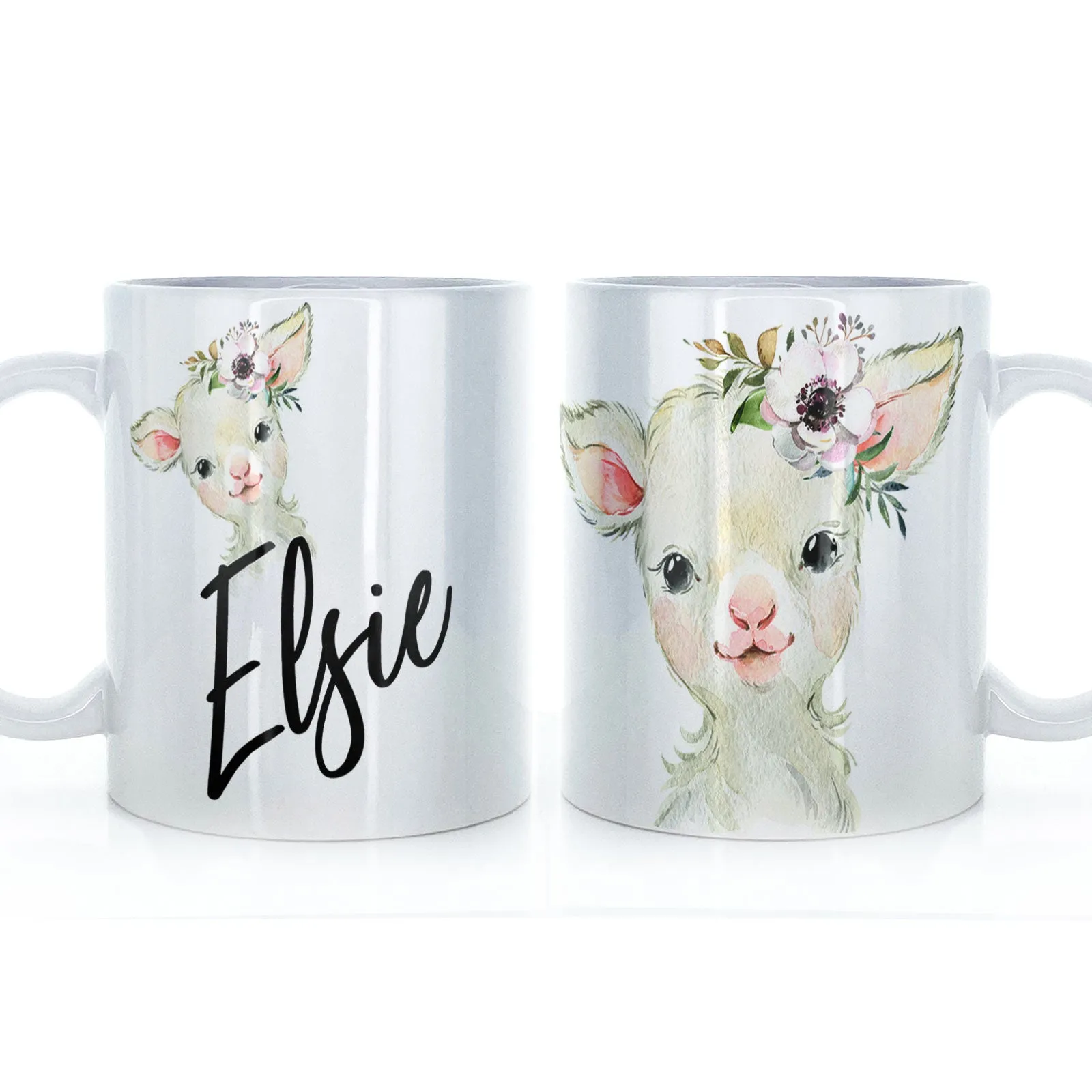 Personalised Mug with Stylish Text and White Flower Lamb