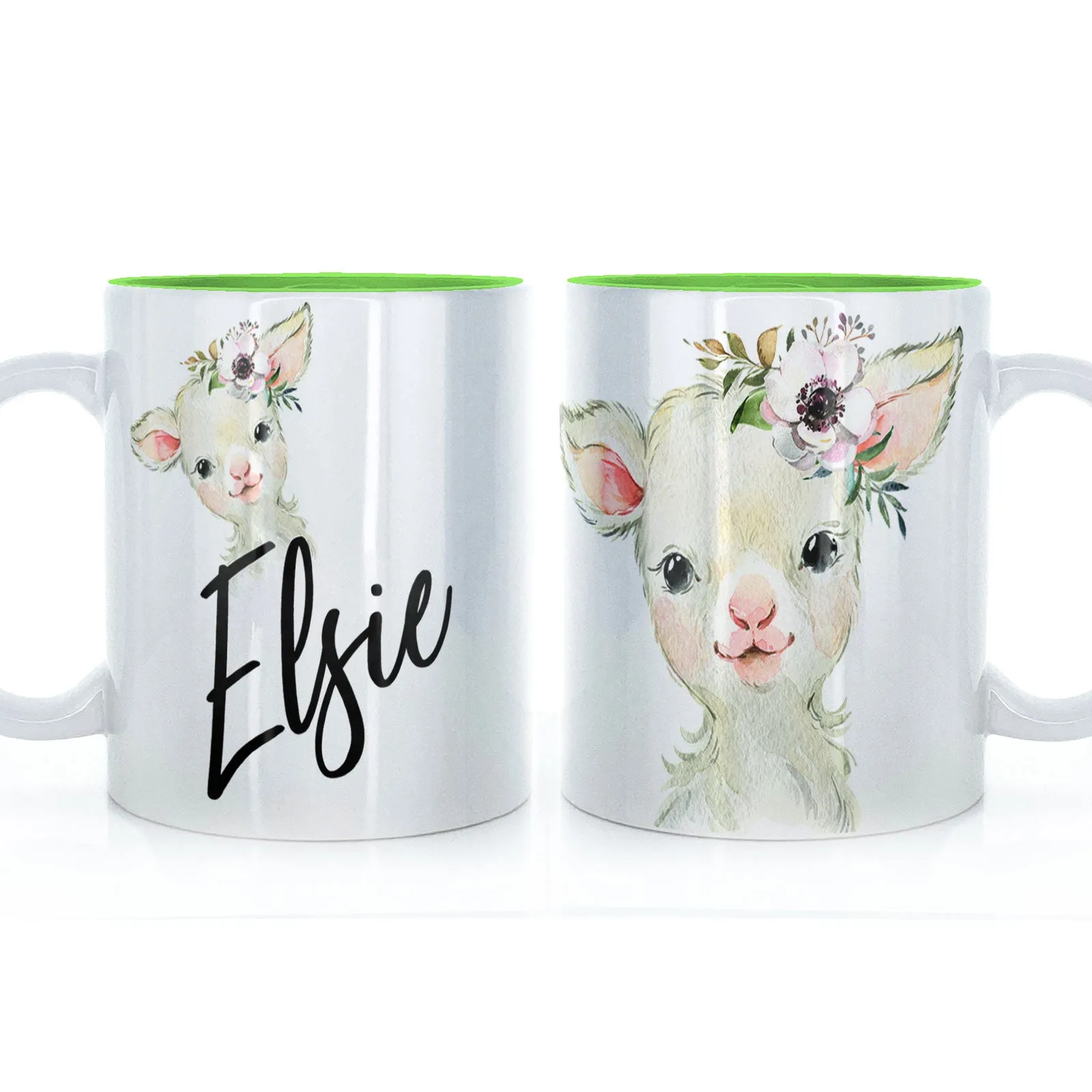 Personalised Mug with Stylish Text and White Flower Lamb