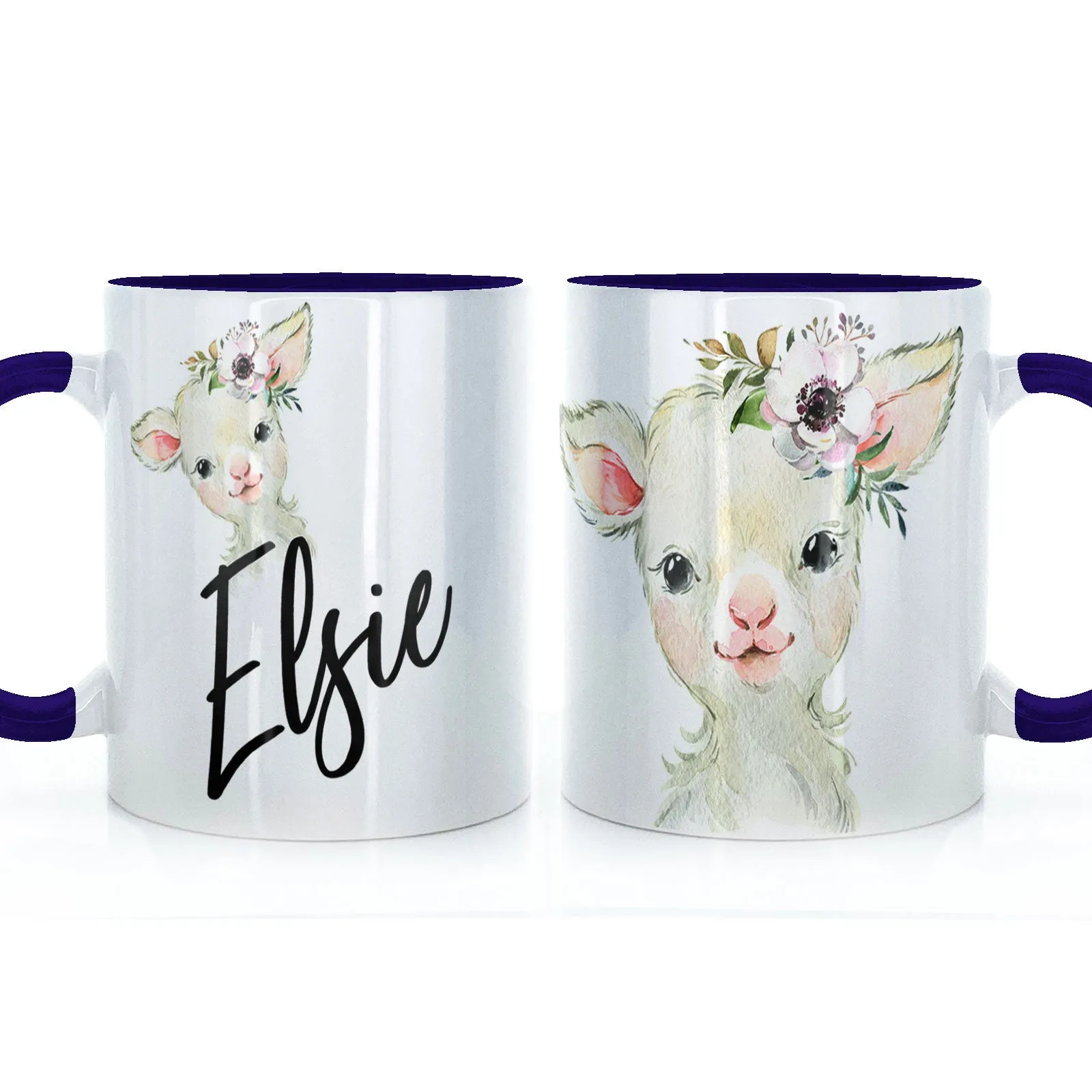 Personalised Mug with Stylish Text and White Flower Lamb