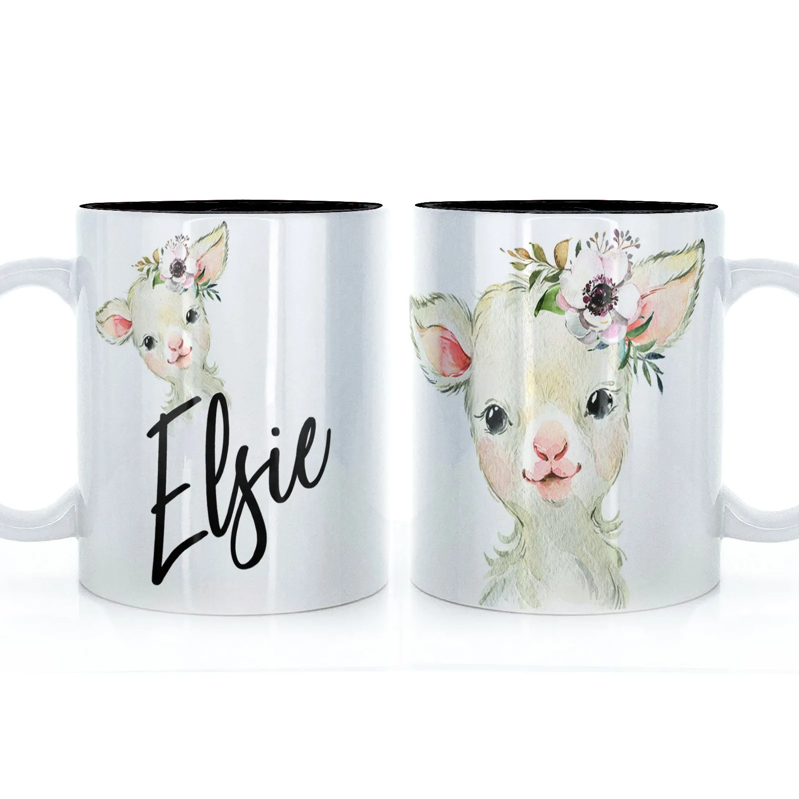 Personalised Mug with Stylish Text and White Flower Lamb