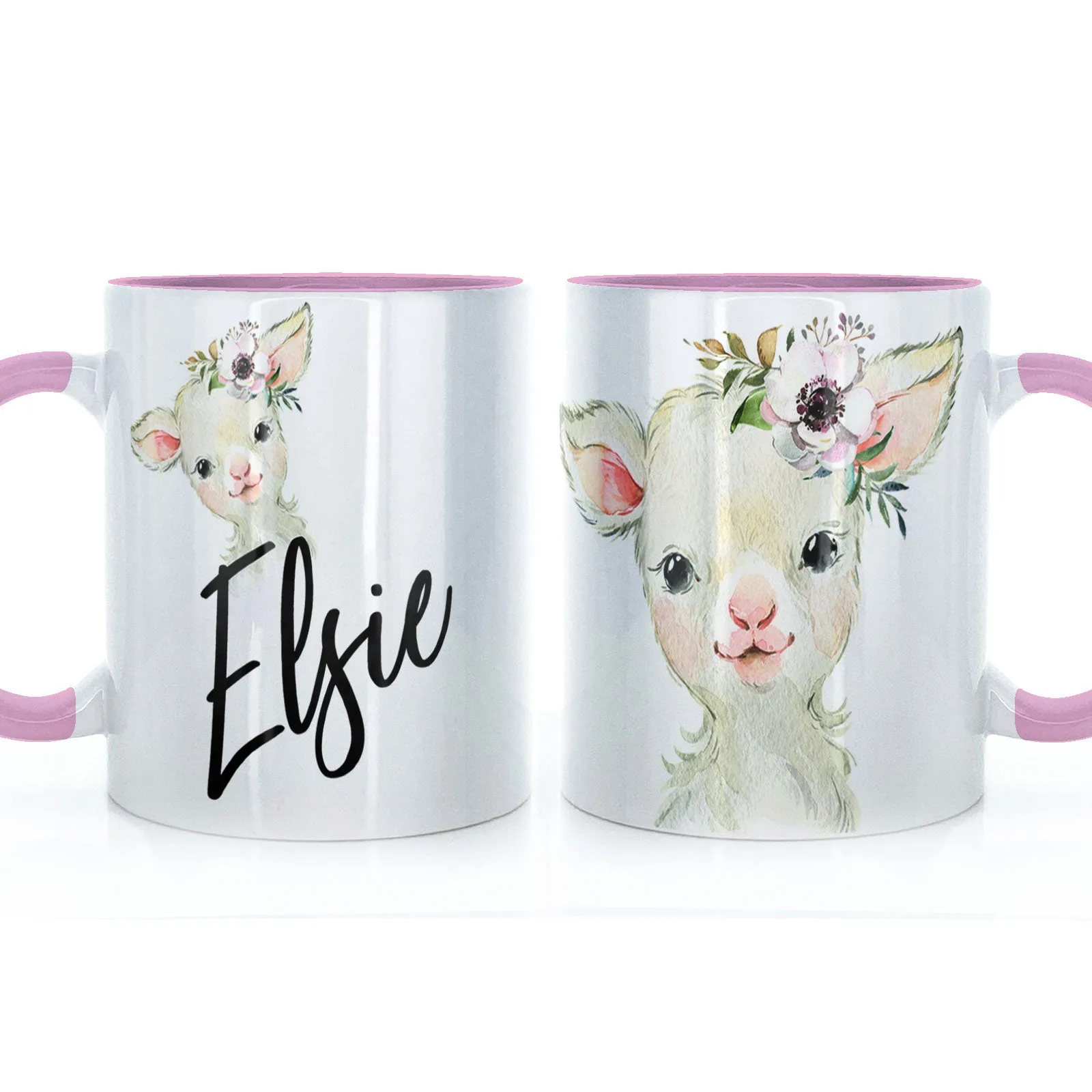 Personalised Mug with Stylish Text and White Flower Lamb