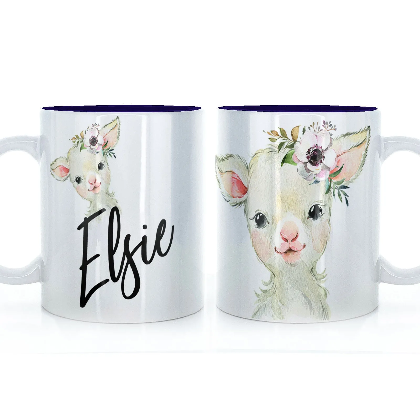 Personalised Mug with Stylish Text and White Flower Lamb