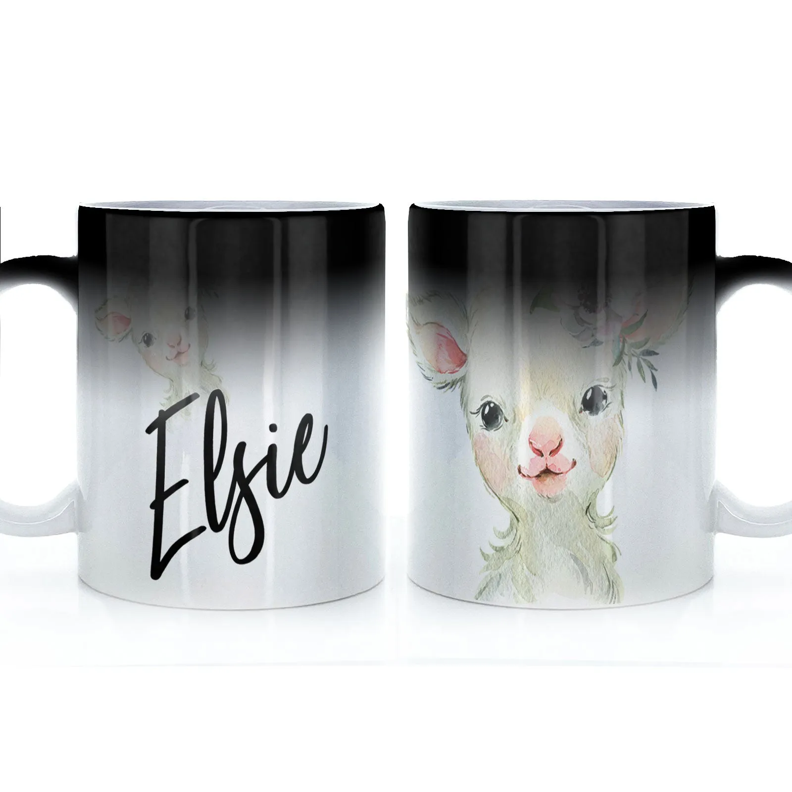 Personalised Mug with Stylish Text and White Flower Lamb