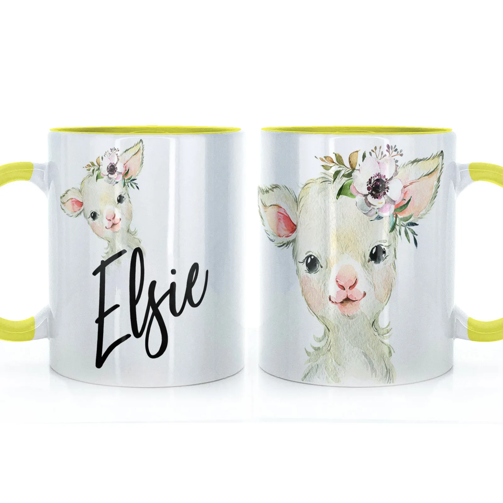 Personalised Mug with Stylish Text and White Flower Lamb
