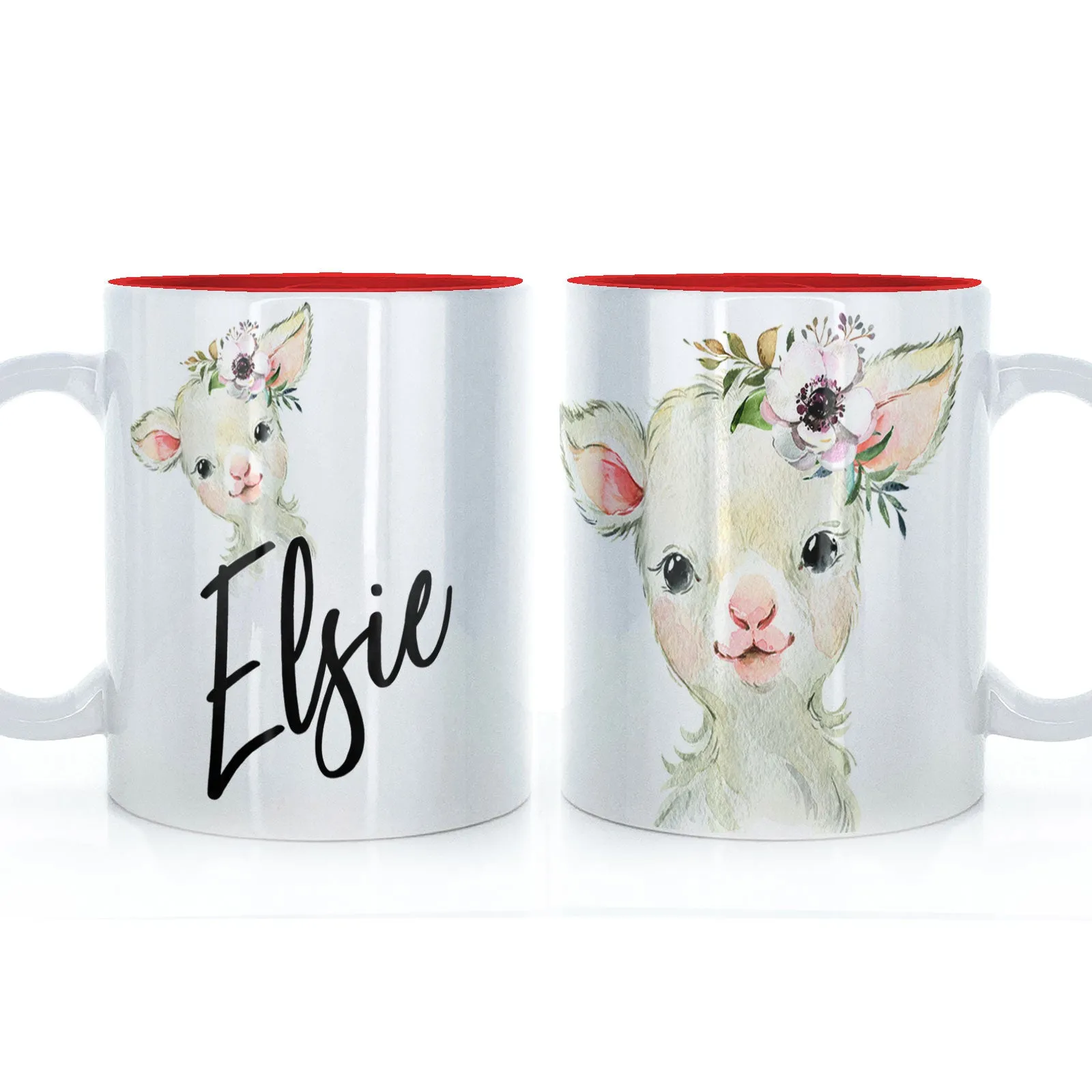 Personalised Mug with Stylish Text and White Flower Lamb