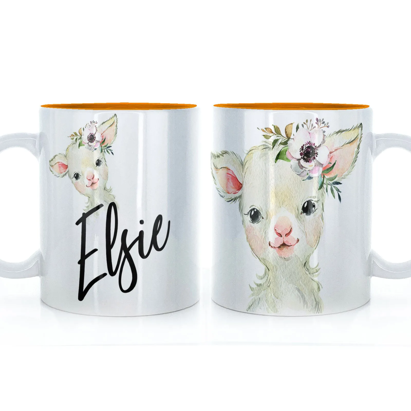 Personalised Mug with Stylish Text and White Flower Lamb