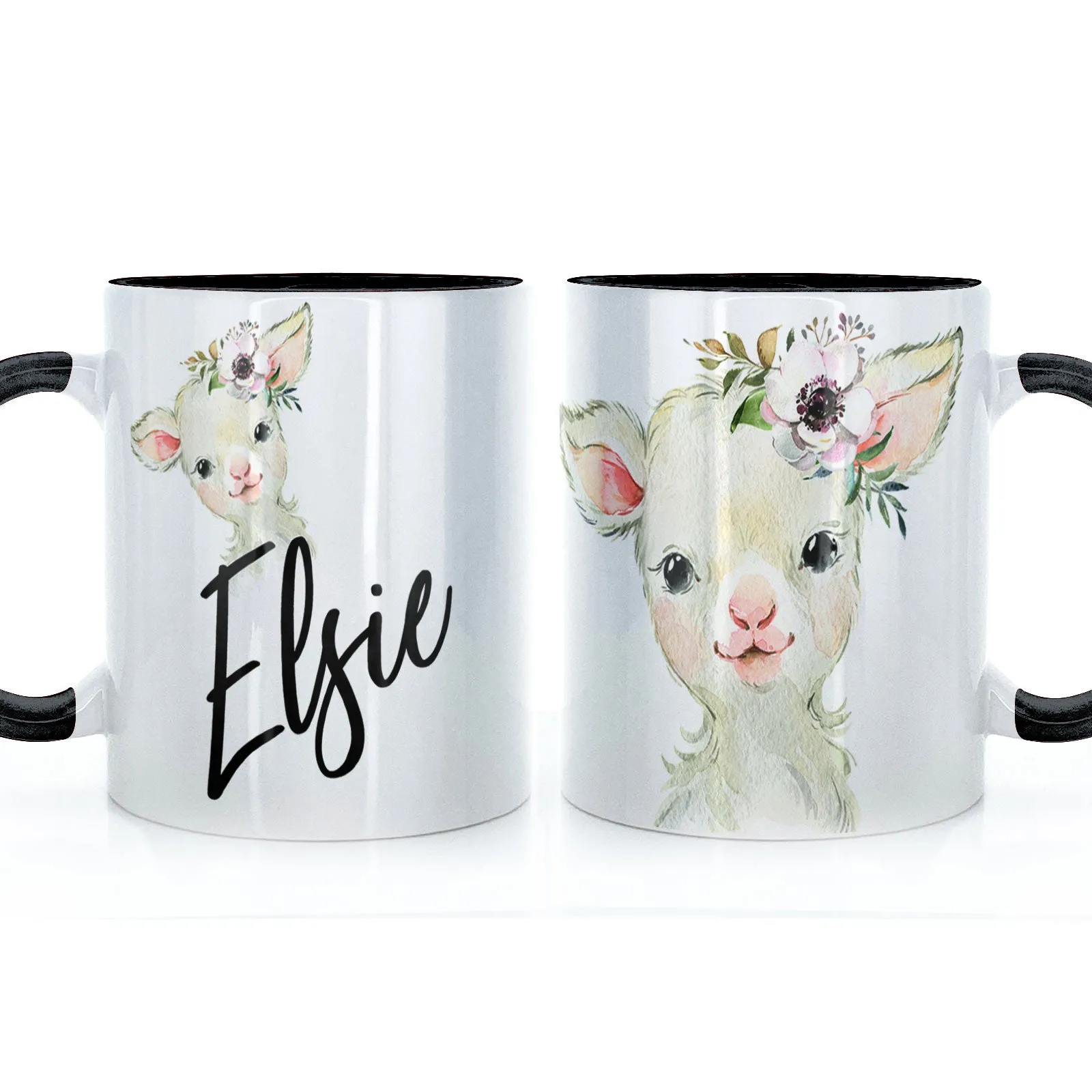 Personalised Mug with Stylish Text and White Flower Lamb