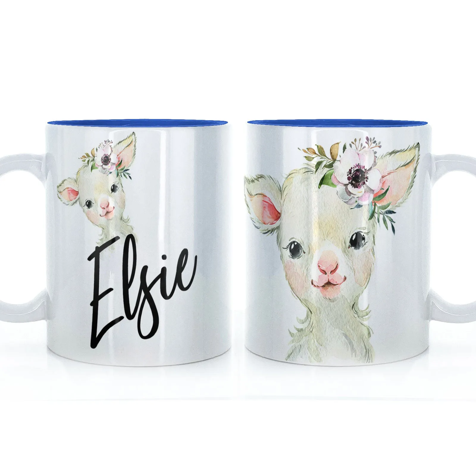 Personalised Mug with Stylish Text and White Flower Lamb