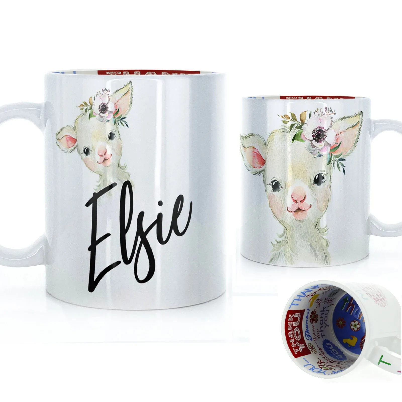Personalised Mug with Stylish Text and White Flower Lamb