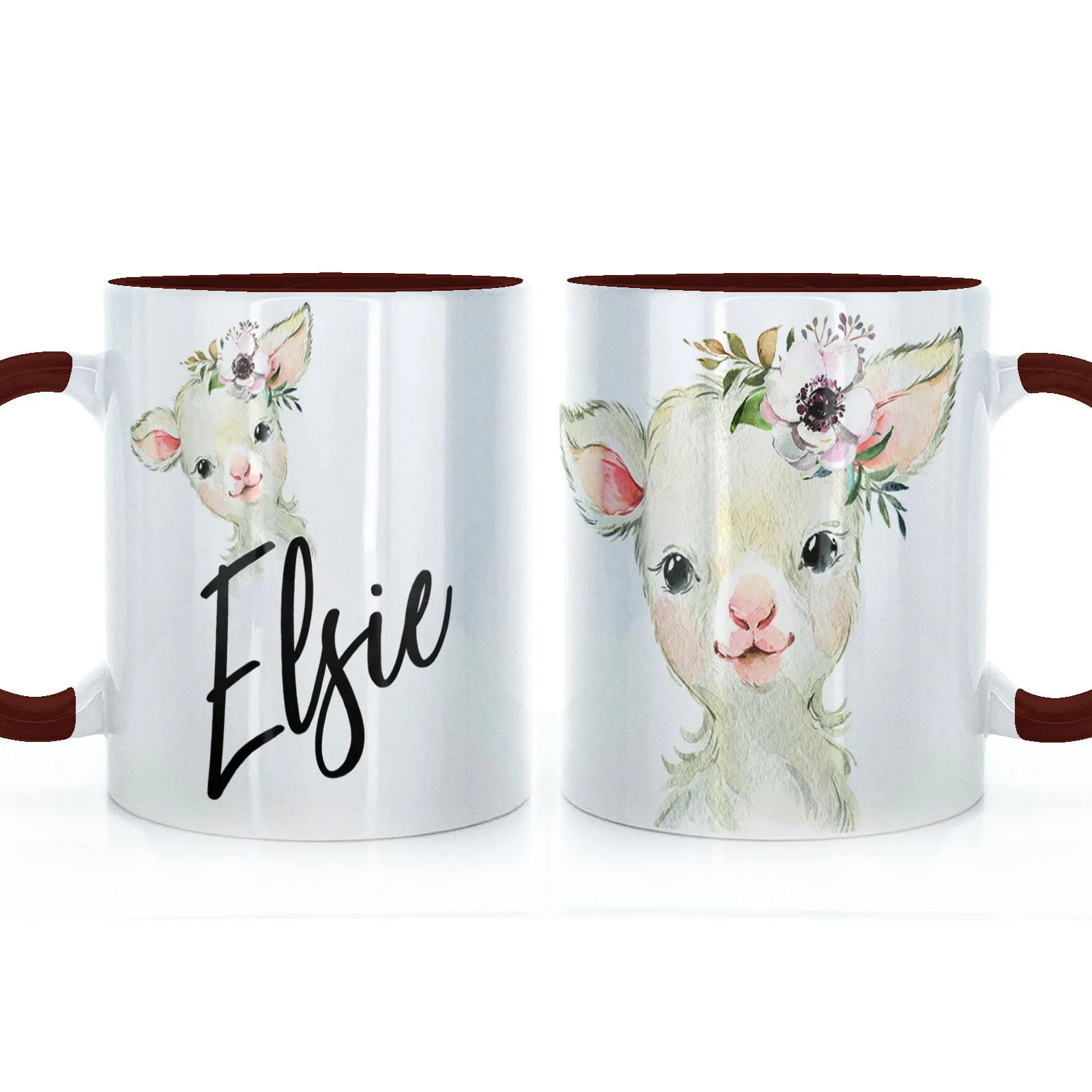 Personalised Mug with Stylish Text and White Flower Lamb