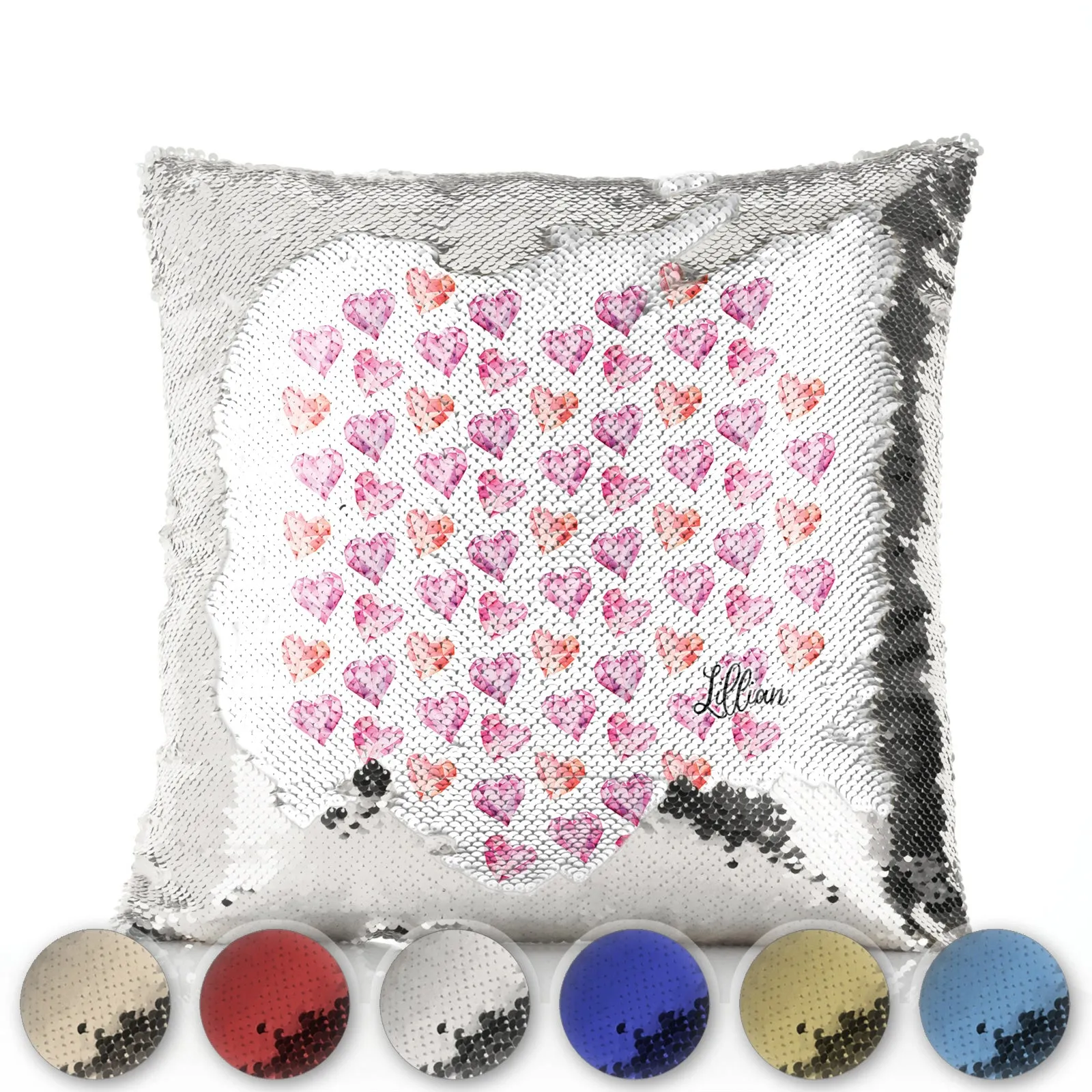 Personalised Sequin Cushion with Stylish Text and Crystal Hearts Print