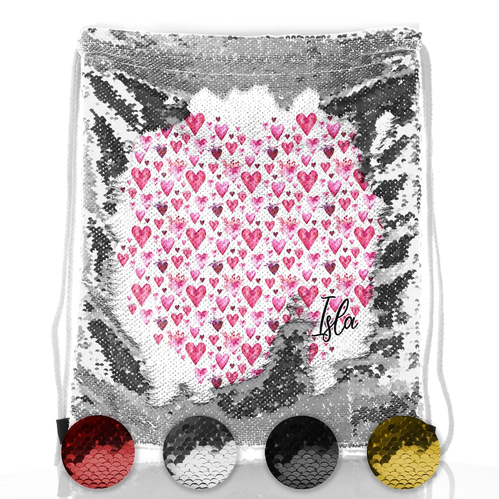 Personalised Sequin Drawstring Backpack with Stylish Text and Valentine Hearts Print