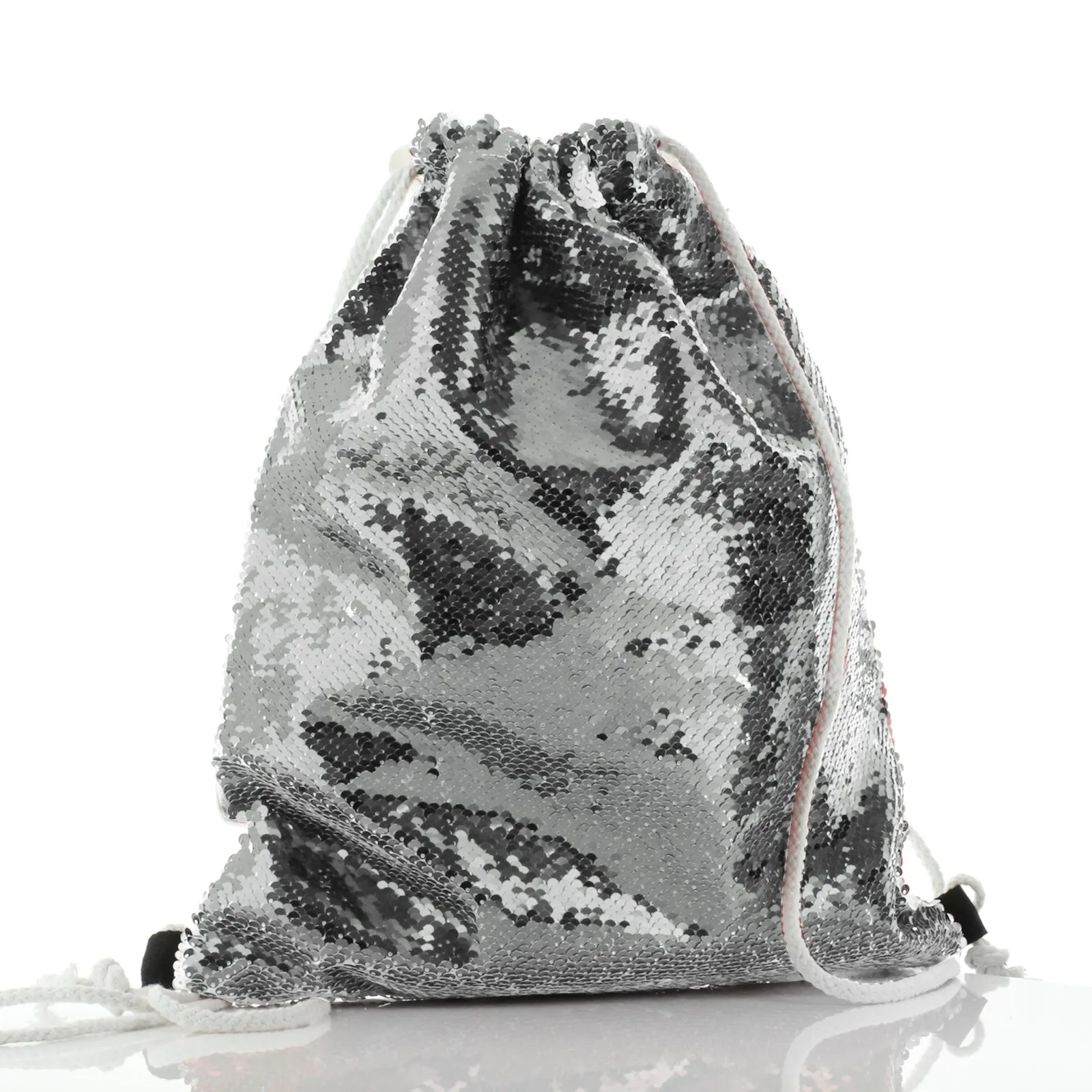 Personalised Sequin Drawstring Backpack with Stylish Text and Valentine Hearts Print