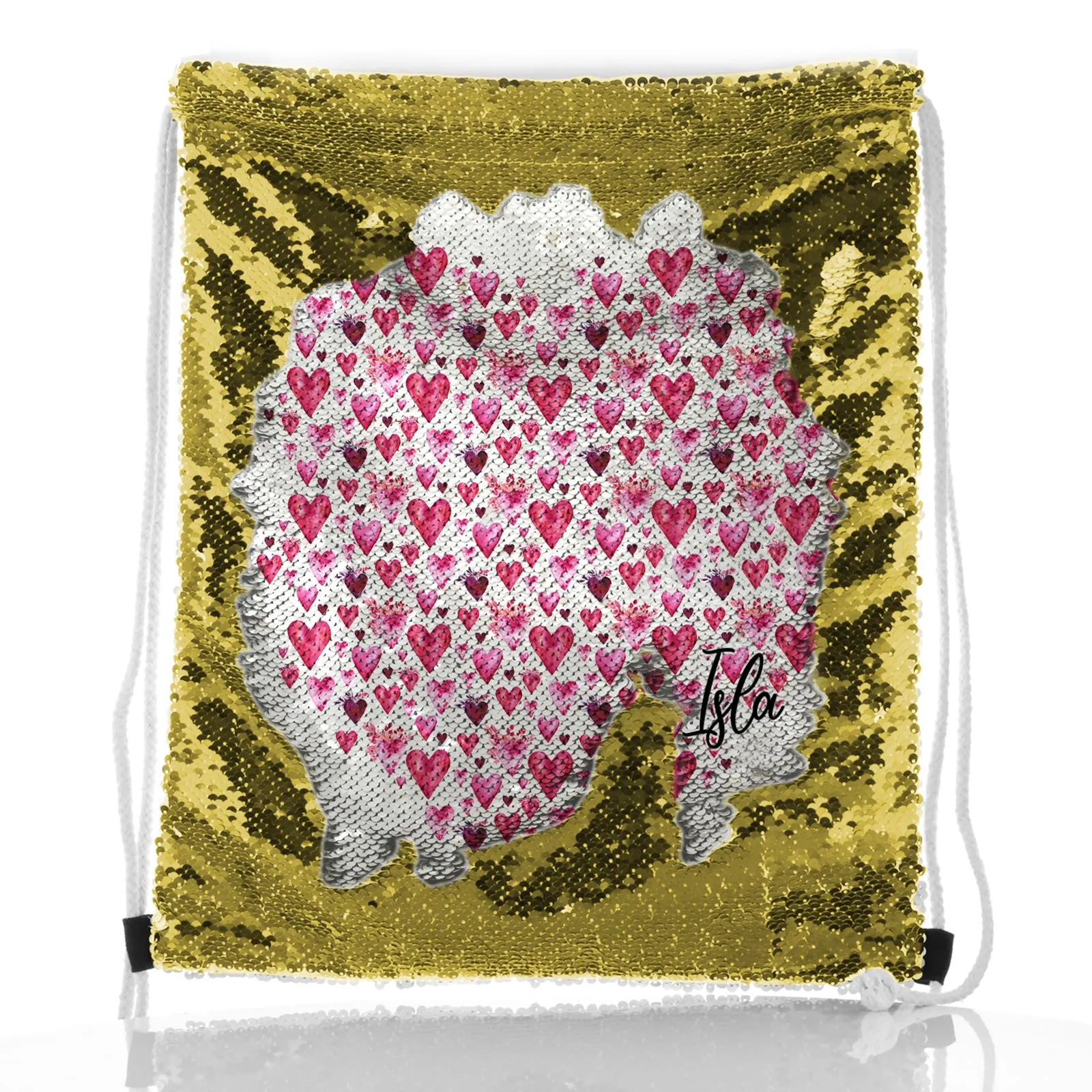 Personalised Sequin Drawstring Backpack with Stylish Text and Valentine Hearts Print