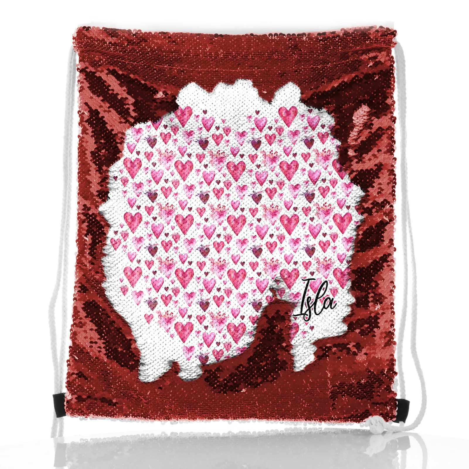 Personalised Sequin Drawstring Backpack with Stylish Text and Valentine Hearts Print